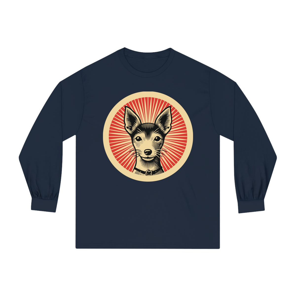 Toy Fox Terrier badge art in a ring of red rays on a long-sleeve tee