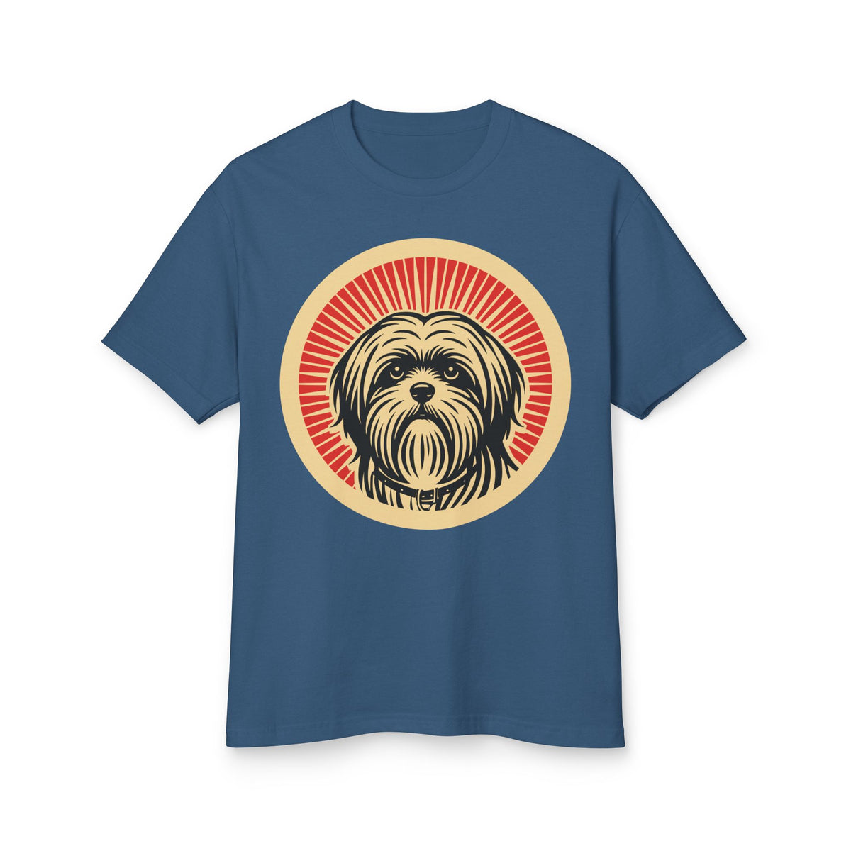 Lhasa Apso badge art in a ring of red rays on a heavyweight tee