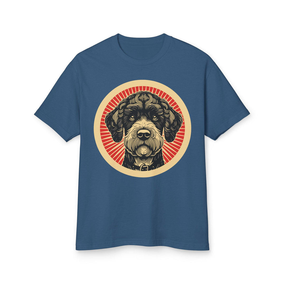 Boxerdoodle badge art in a ring of red rays on a heavyweight tee