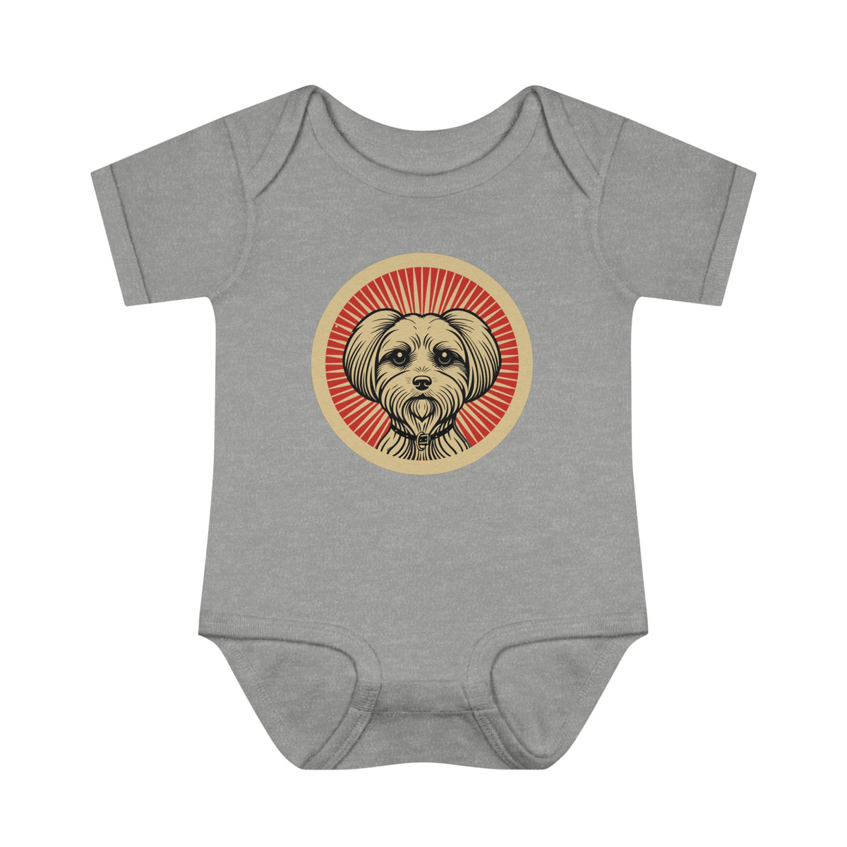 Maltese badge art in a ring of red rays on a baby bodysuit