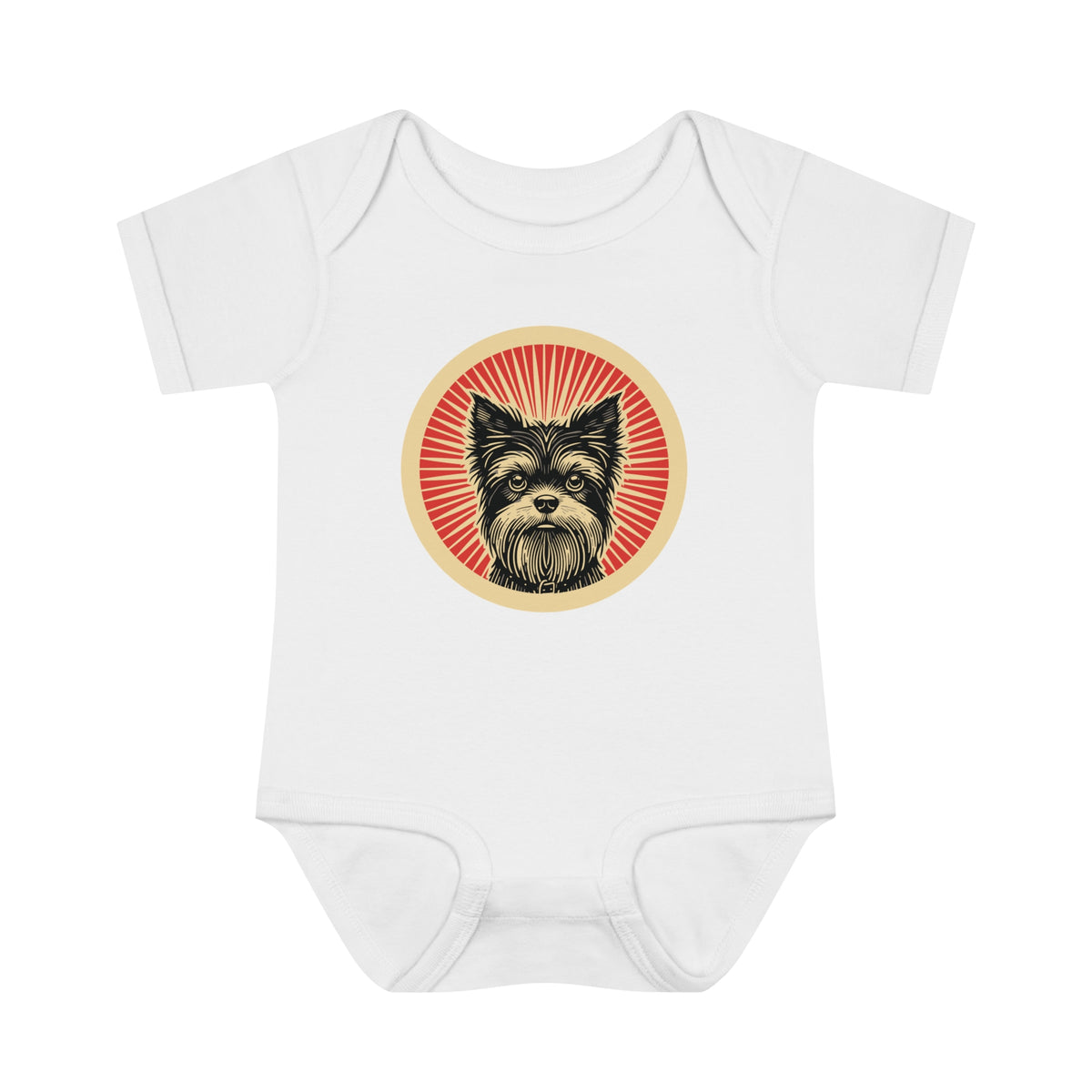 Affenpinscher badge art in a ring of red rays on a baby bodysuit