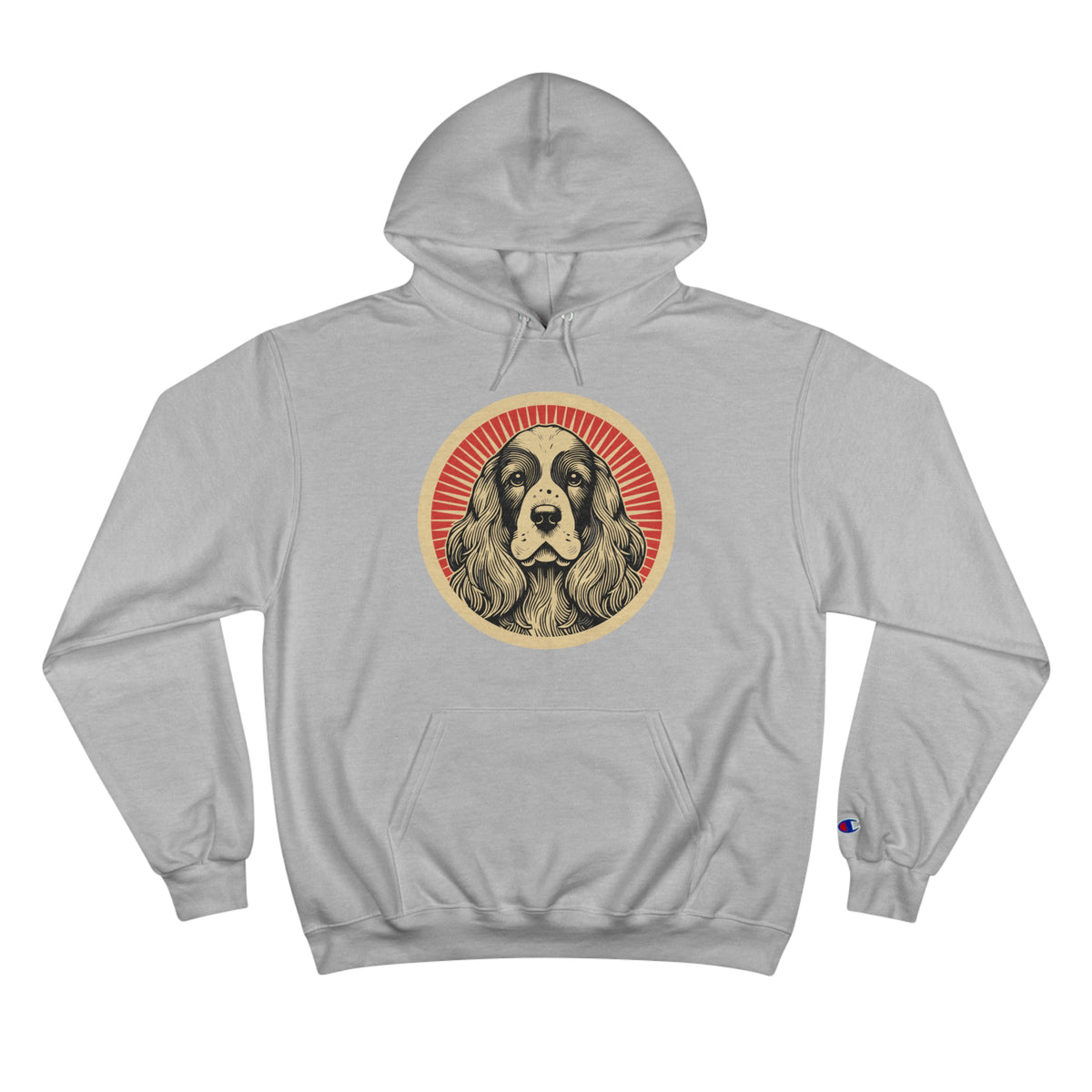 English Cocker Spaniel badge art in a ring of red rays on a champion hoodie