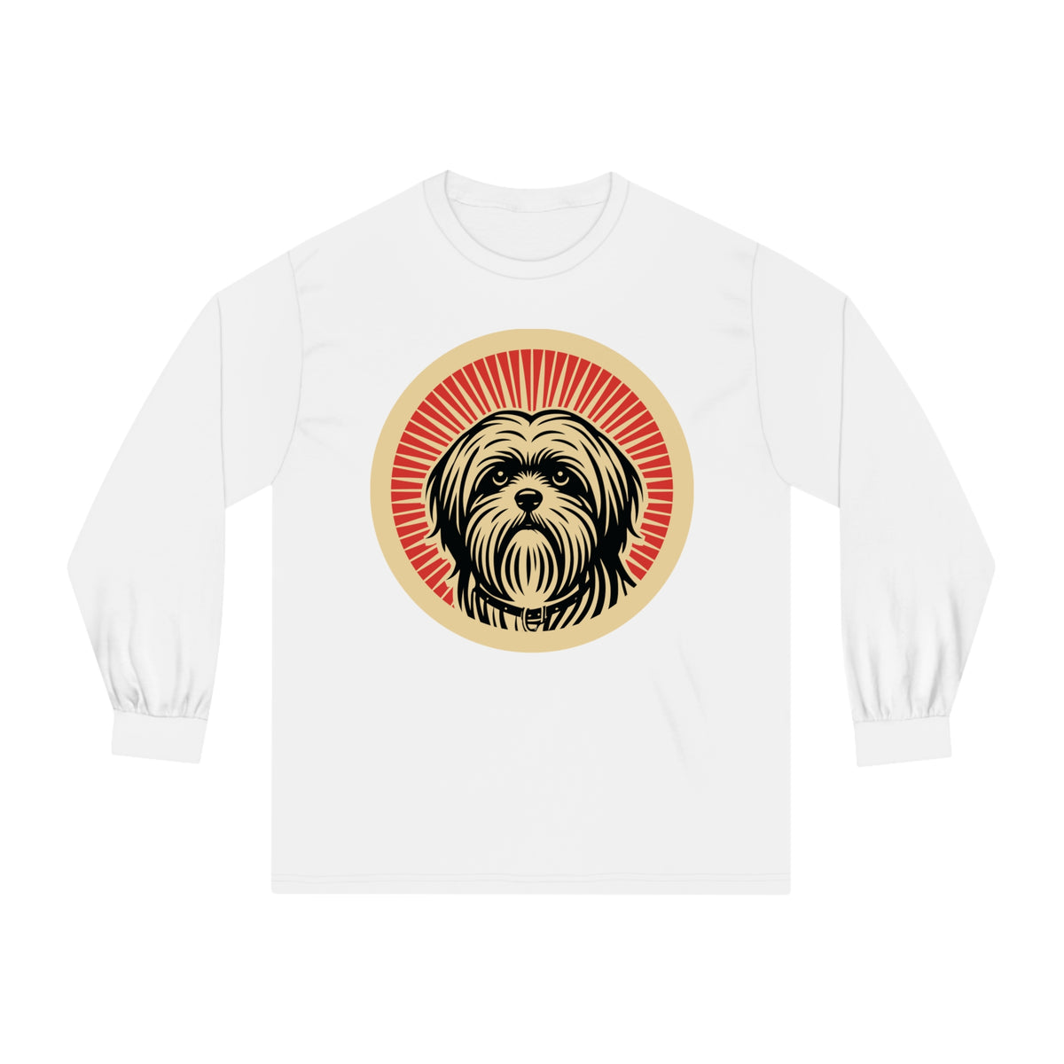 Lhasa Apso badge art in a ring of red rays on a long-sleeve tee