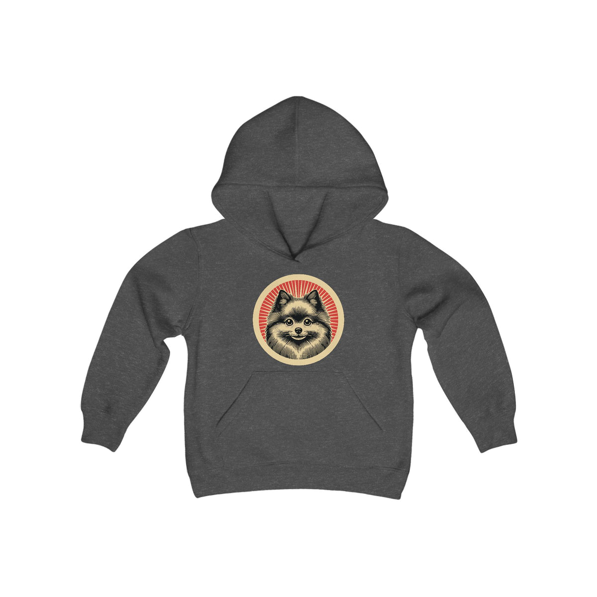Pomeranian badge art in a ring of red rays on a kids' hoodie