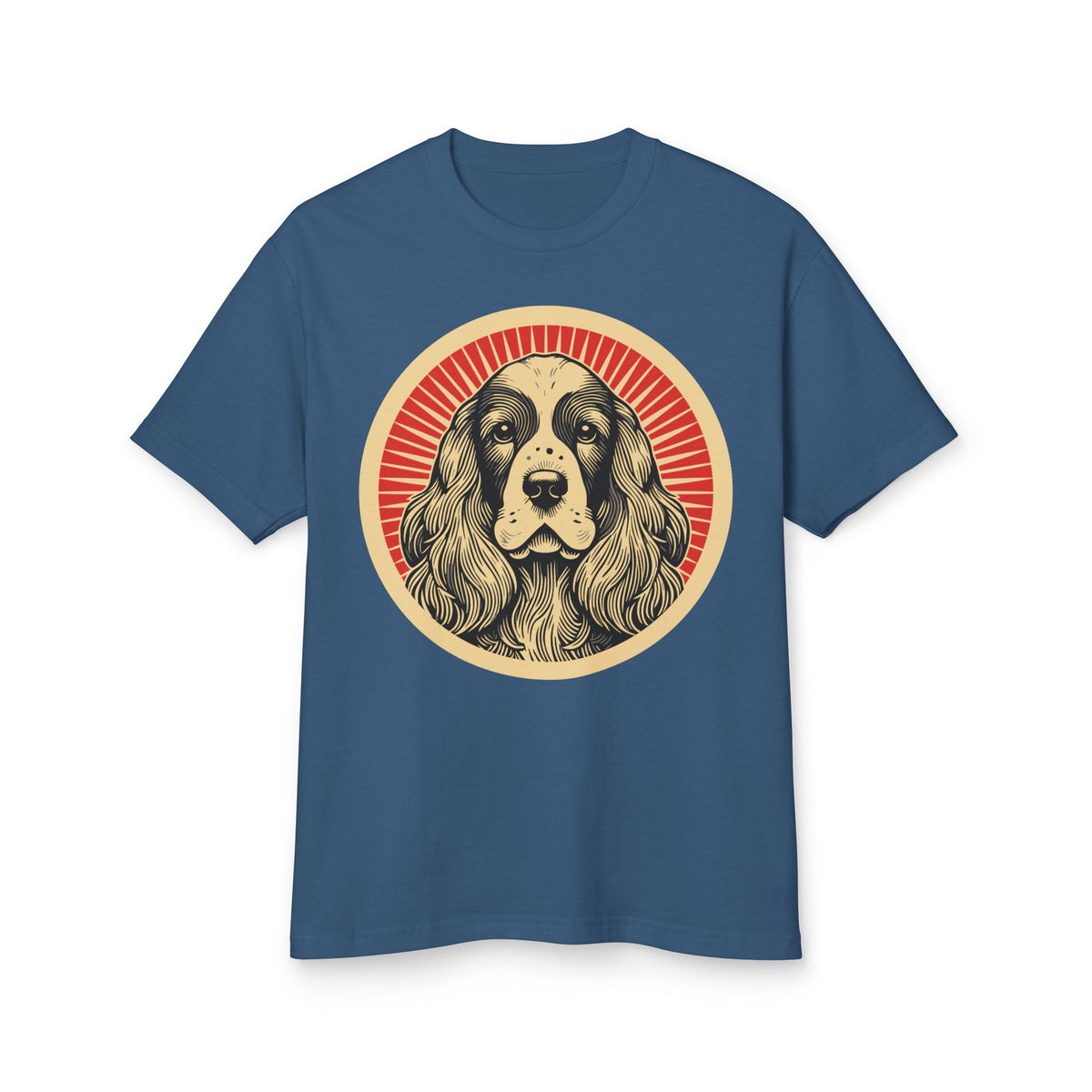 English Cocker Spaniel badge art in a ring of red rays on a heavyweight tee