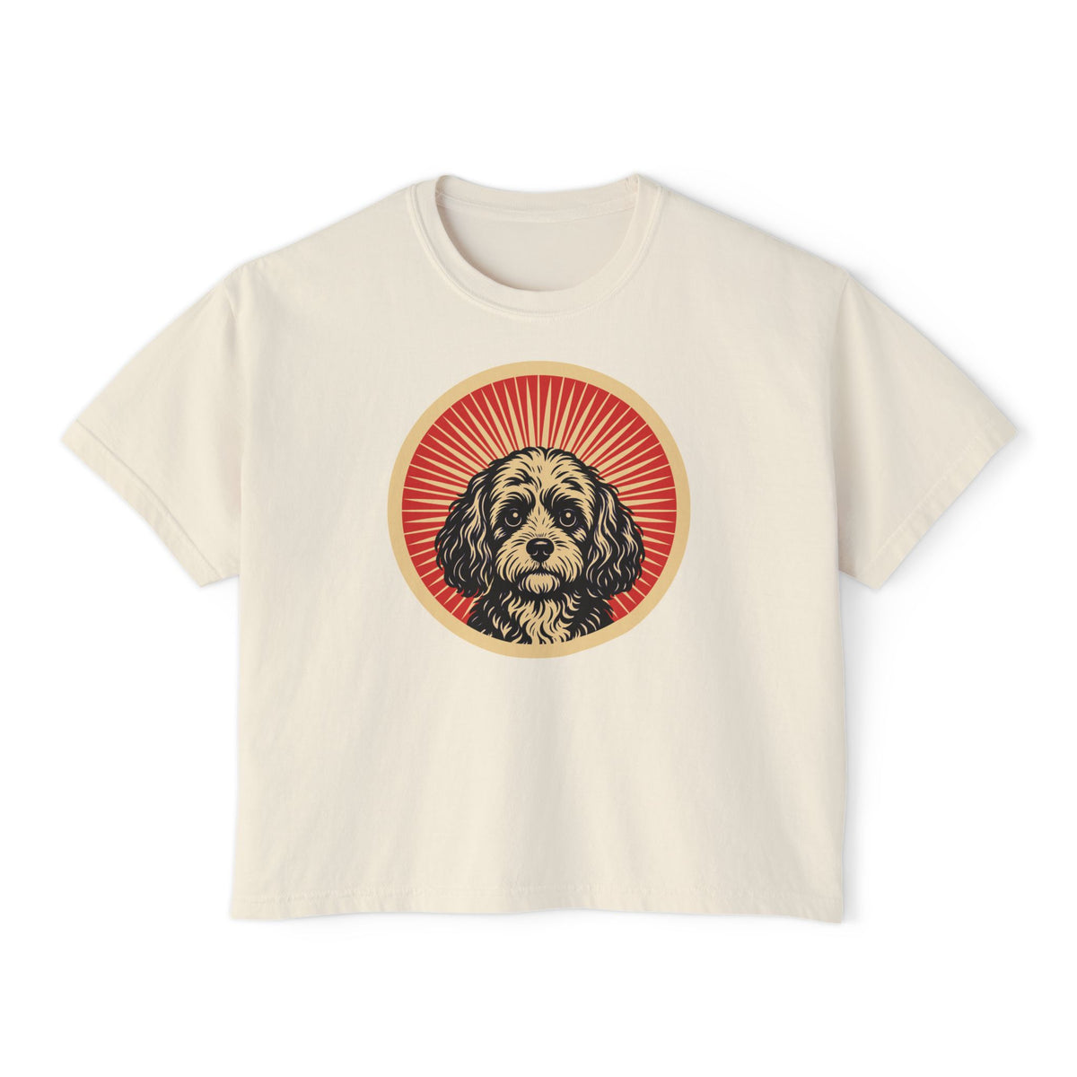 Cavapoo badge art in a ring of red rays on a boxy tee