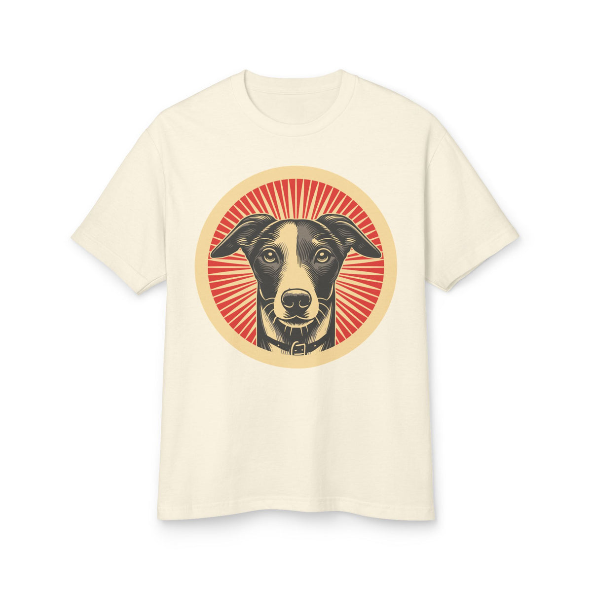 Whippet badge art in a ring of red rays on a heavyweight tee