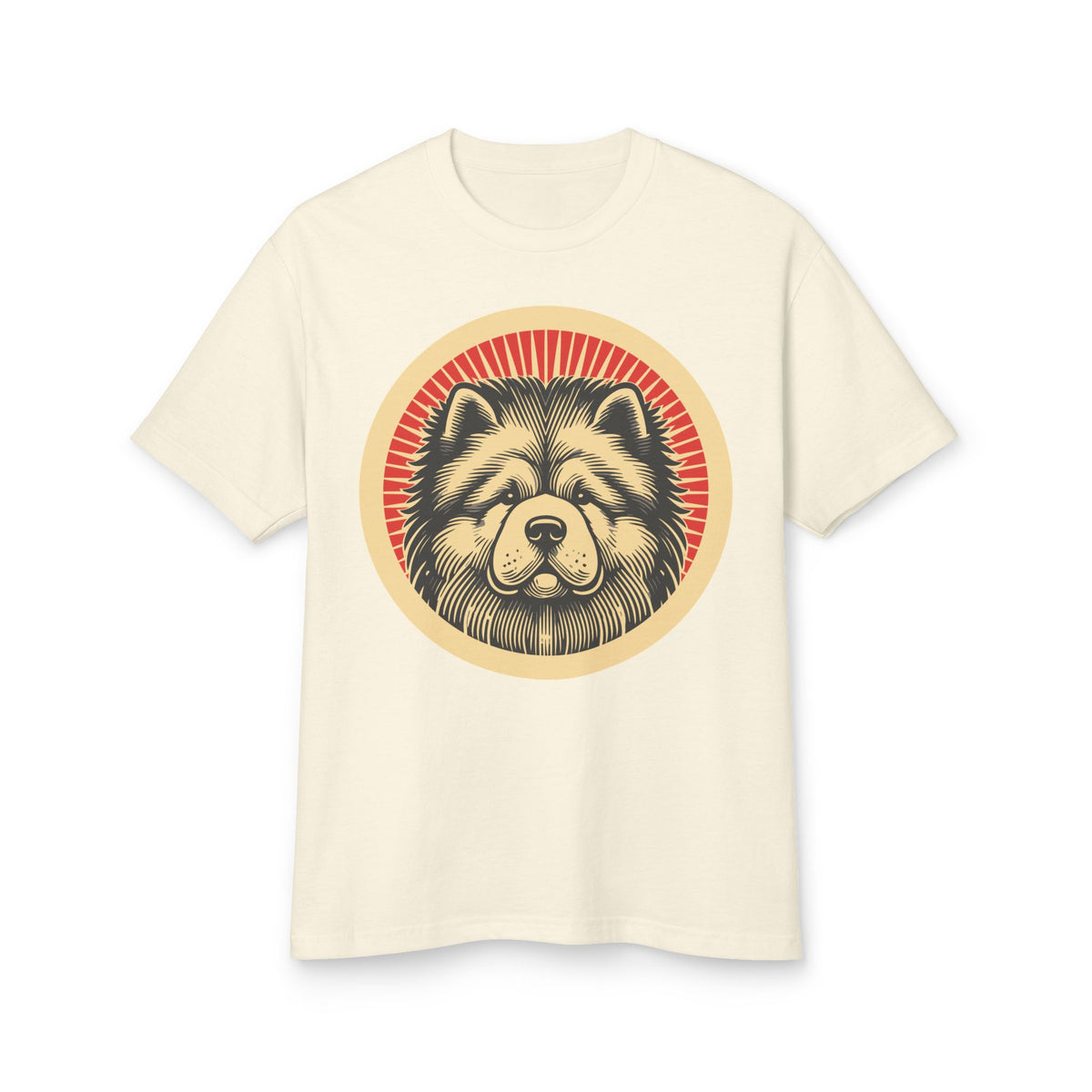 Chow Chow badge art in a ring of red rays on a heavyweight tee