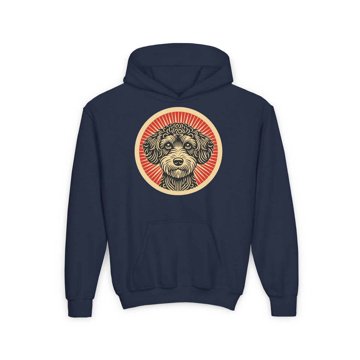 Schnoodle badge art in a ring of red rays on a kids' hoodie