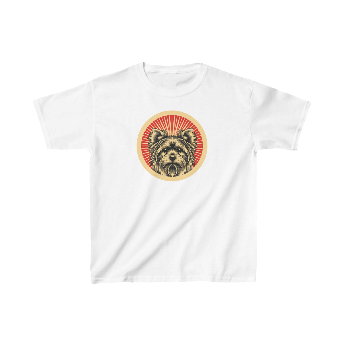 Yorkshire Terrier badge art in a ring of red rays on a kids' tee