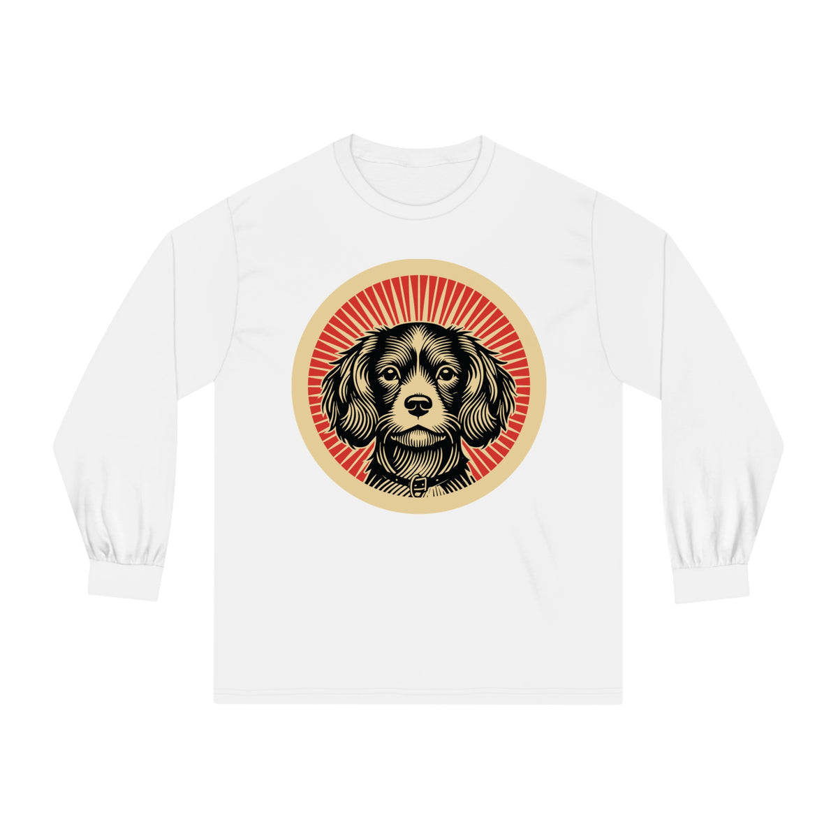 Cavachon badge art in a ring of red rays on a long-sleeve tee