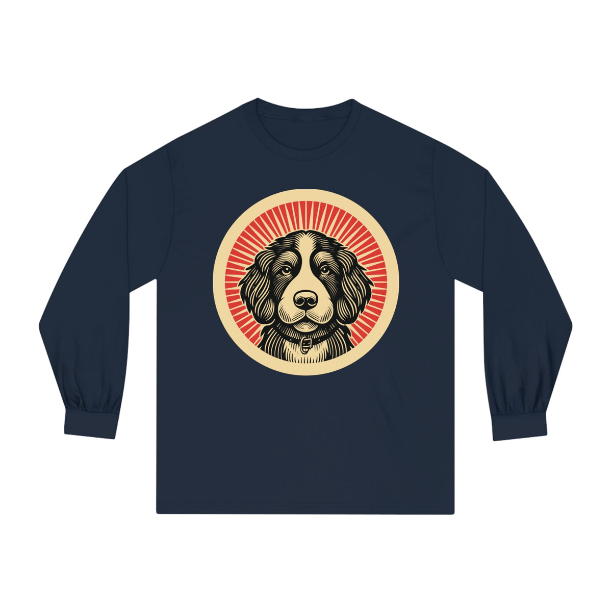 Bernedoodle badge art in a ring of red rays on a long-sleeve tee