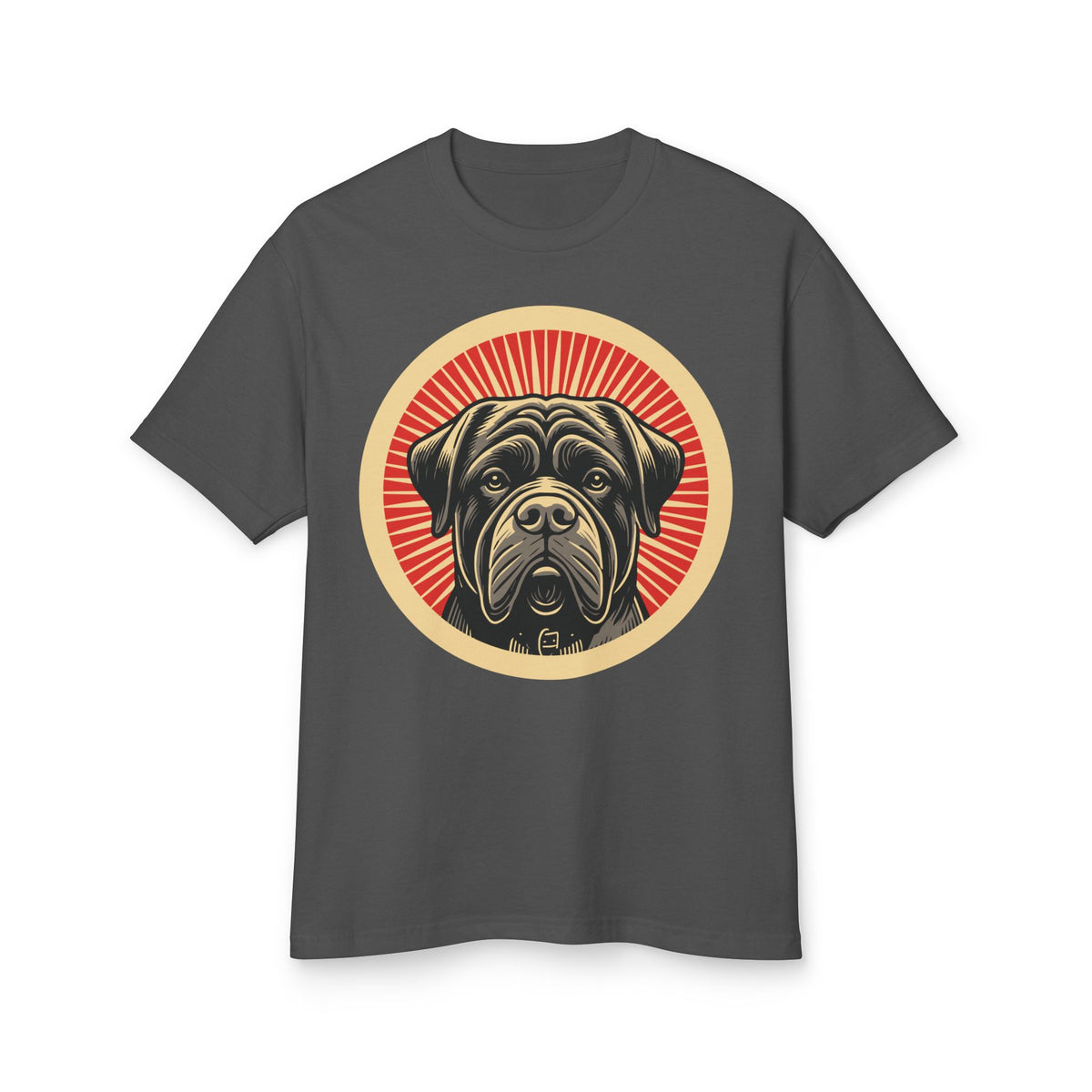 Bullmastiff badge art in a ring of red rays on a heavyweight tee