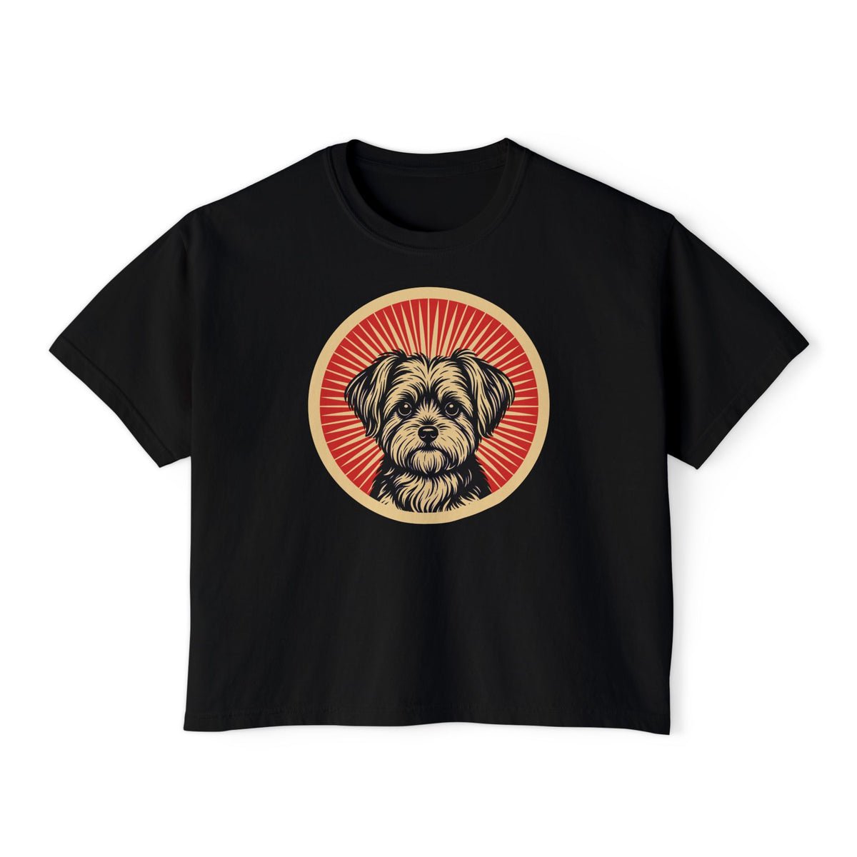 Morkie badge art in a ring of red rays on a boxy tee