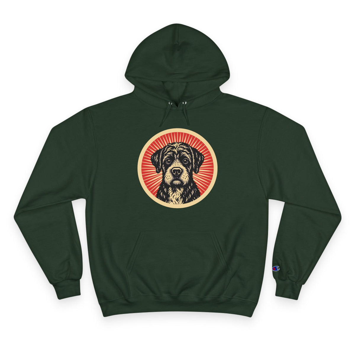 Boxerdoodle badge art in a ring of red rays on a champion hoodie