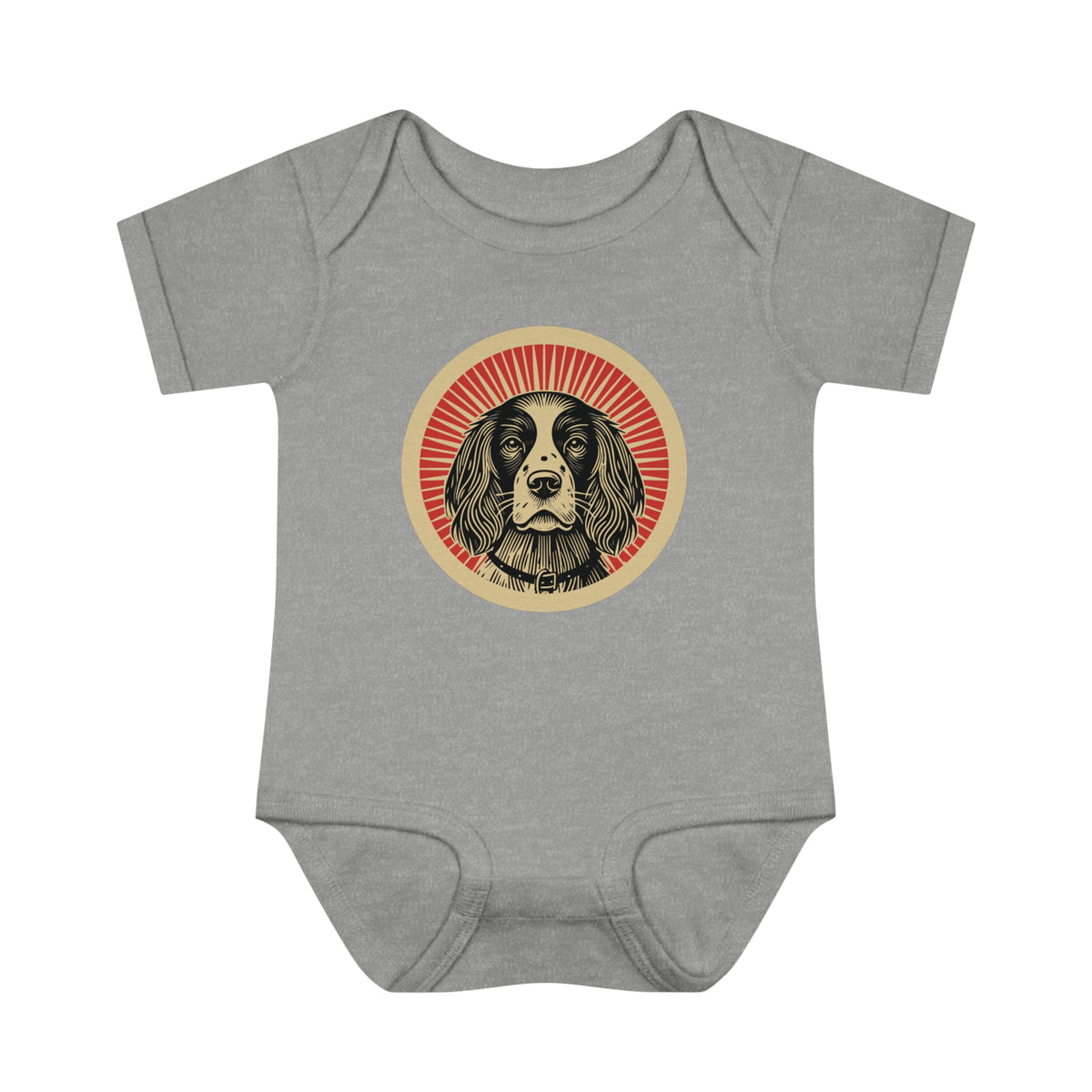 English Springer Spaniel badge art in a ring of red rays on a baby bodysuit