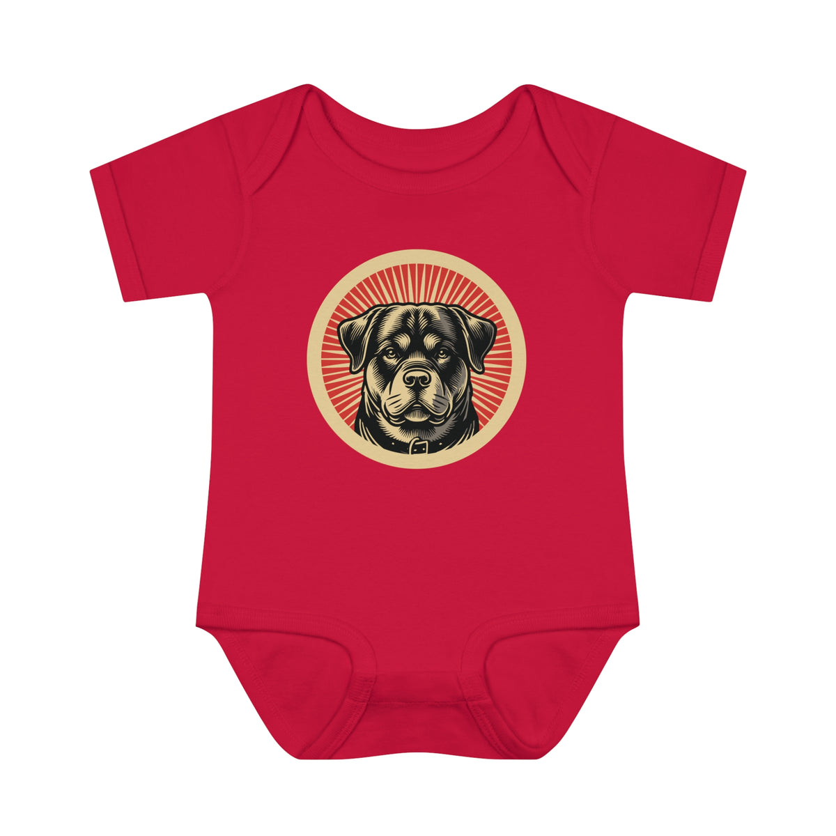 Rottweiler badge art in a ring of red rays on a baby bodysuit