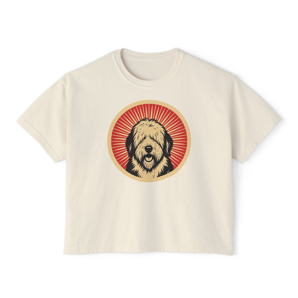 Old English Sheepdog badge art in a ring of red rays on a boxy tee
