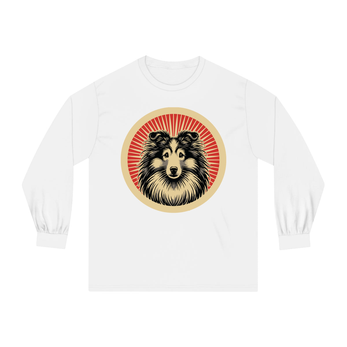 Shetland Sheepdog badge art in a ring of red rays on a long-sleeve tee