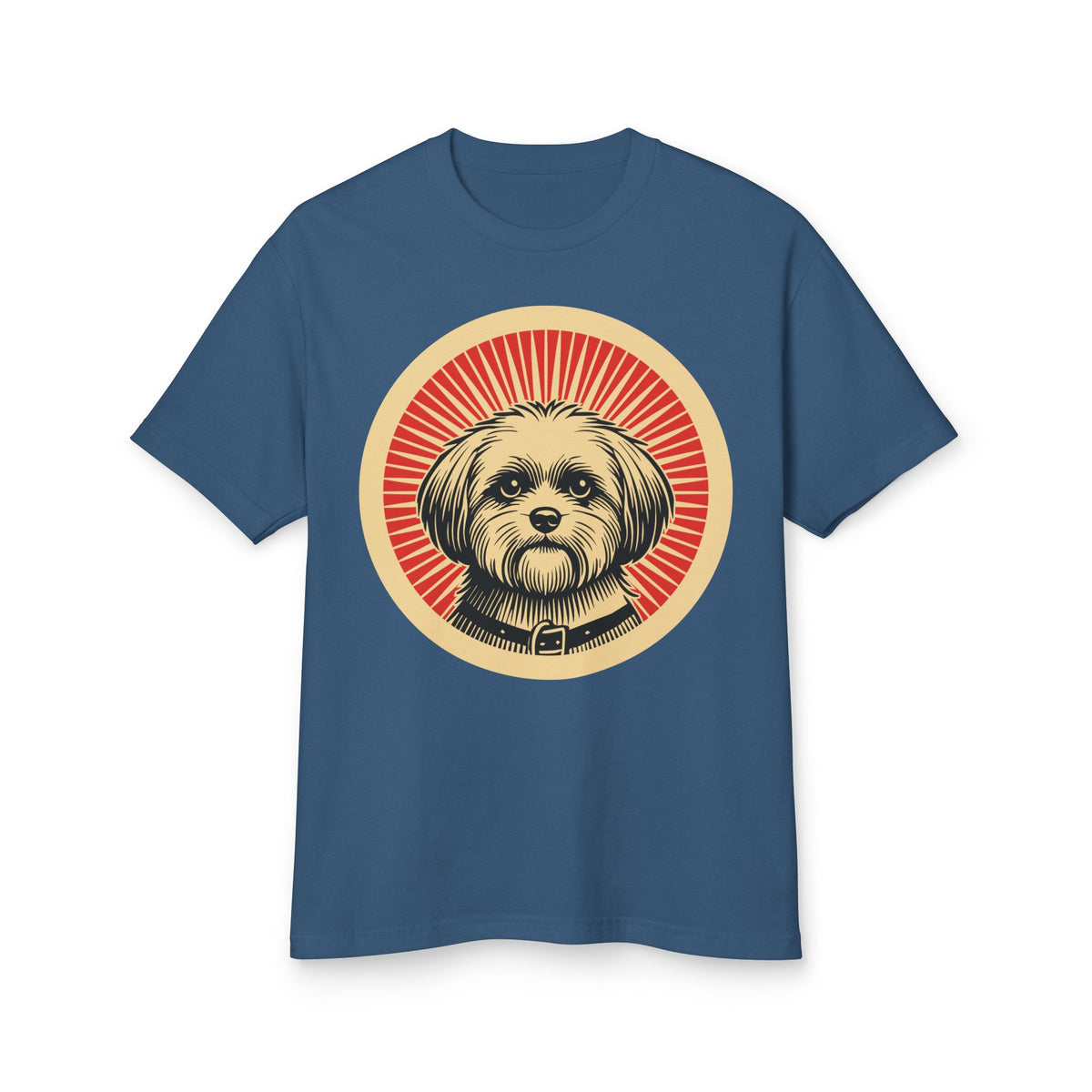 Shihpoo badge art in a ring of red rays on a heavyweight tee