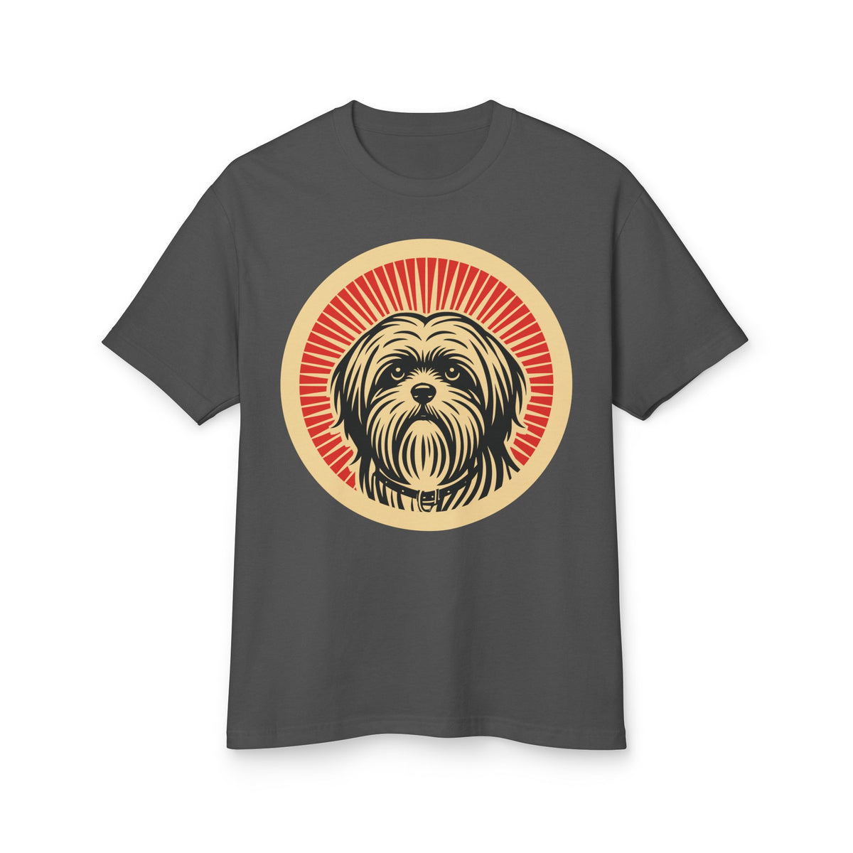 Lhasa Apso badge art in a ring of red rays on a heavyweight tee