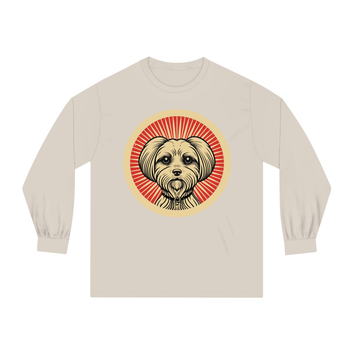 Maltese badge art in a ring of red rays on a long-sleeve tee