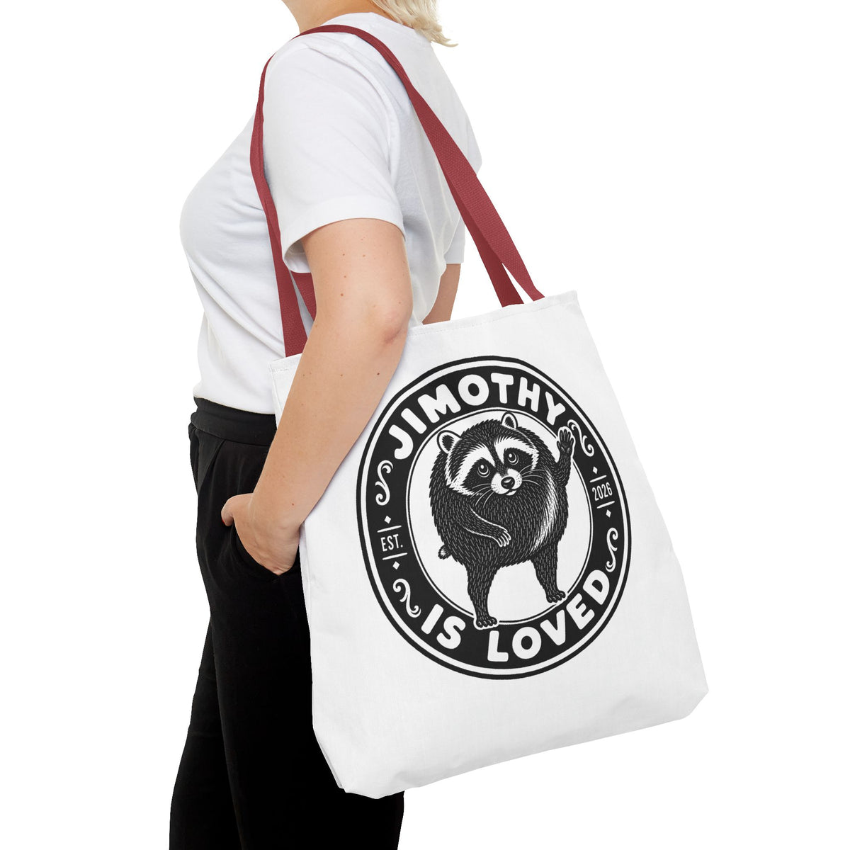 Personalized Raccoon Tote — "Jimothy Is Loved" Graphic Tote Bag