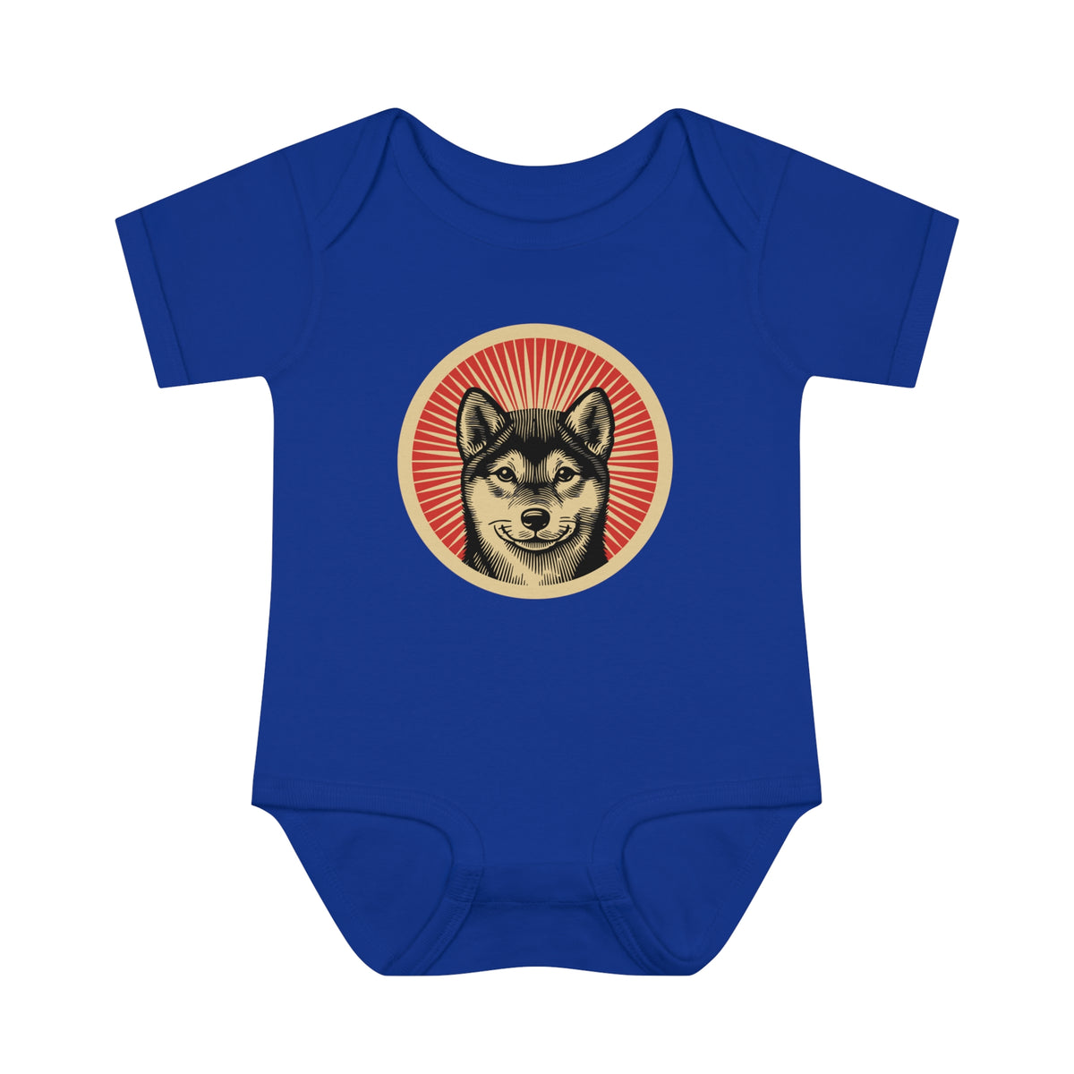 Shiba Inu badge art in a ring of red rays on a baby bodysuit