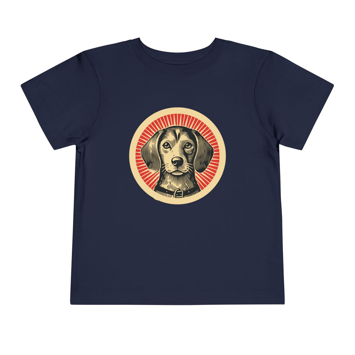 Beaglier badge art in a ring of red rays on a toddler tee