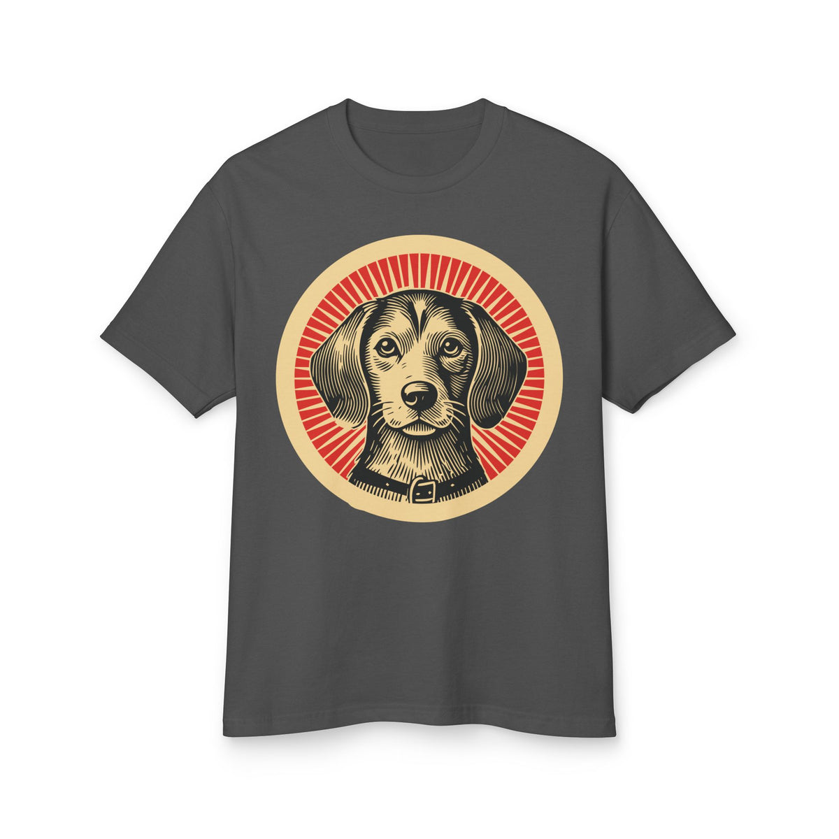 Beaglier badge art in a ring of red rays on a heavyweight tee