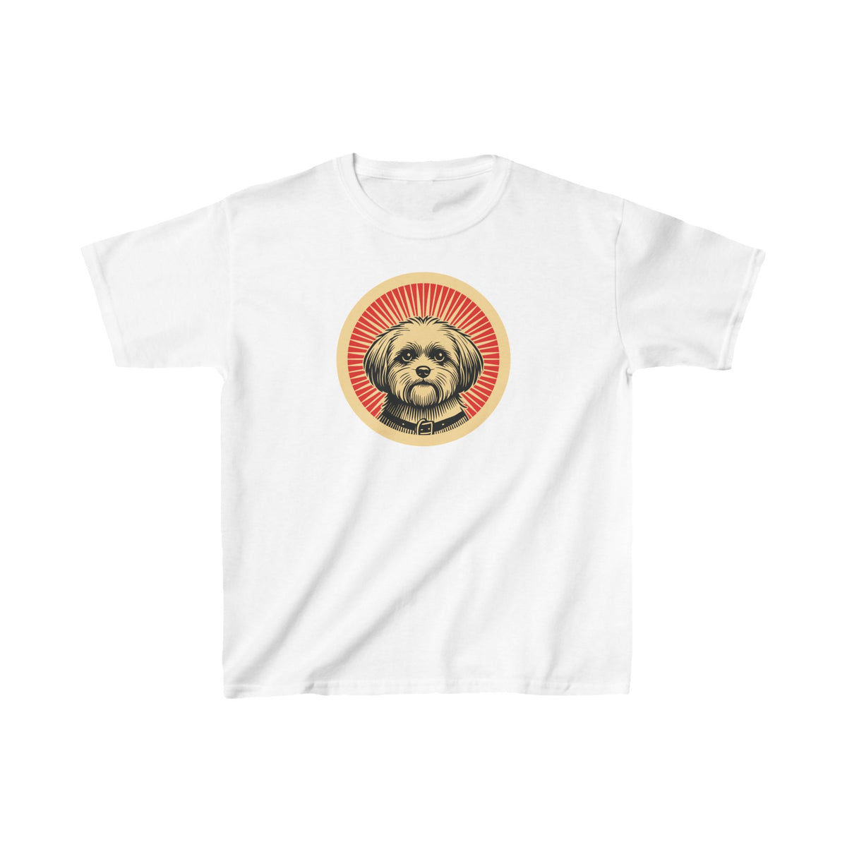 Shihpoo badge art in a ring of red rays on a kids' tee