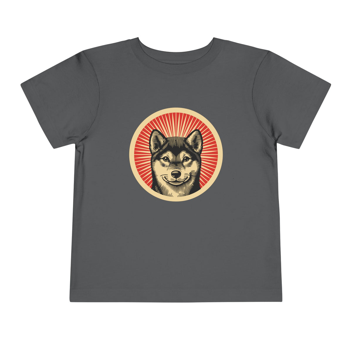 Shiba Inu badge art in a ring of red rays on a toddler tee