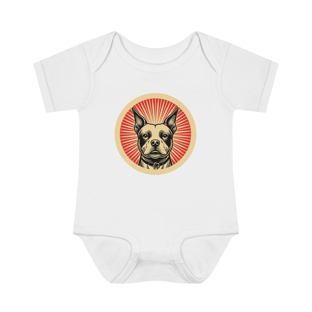 Staffordshire Bull Terrier badge art in a ring of red rays on a baby bodysuit