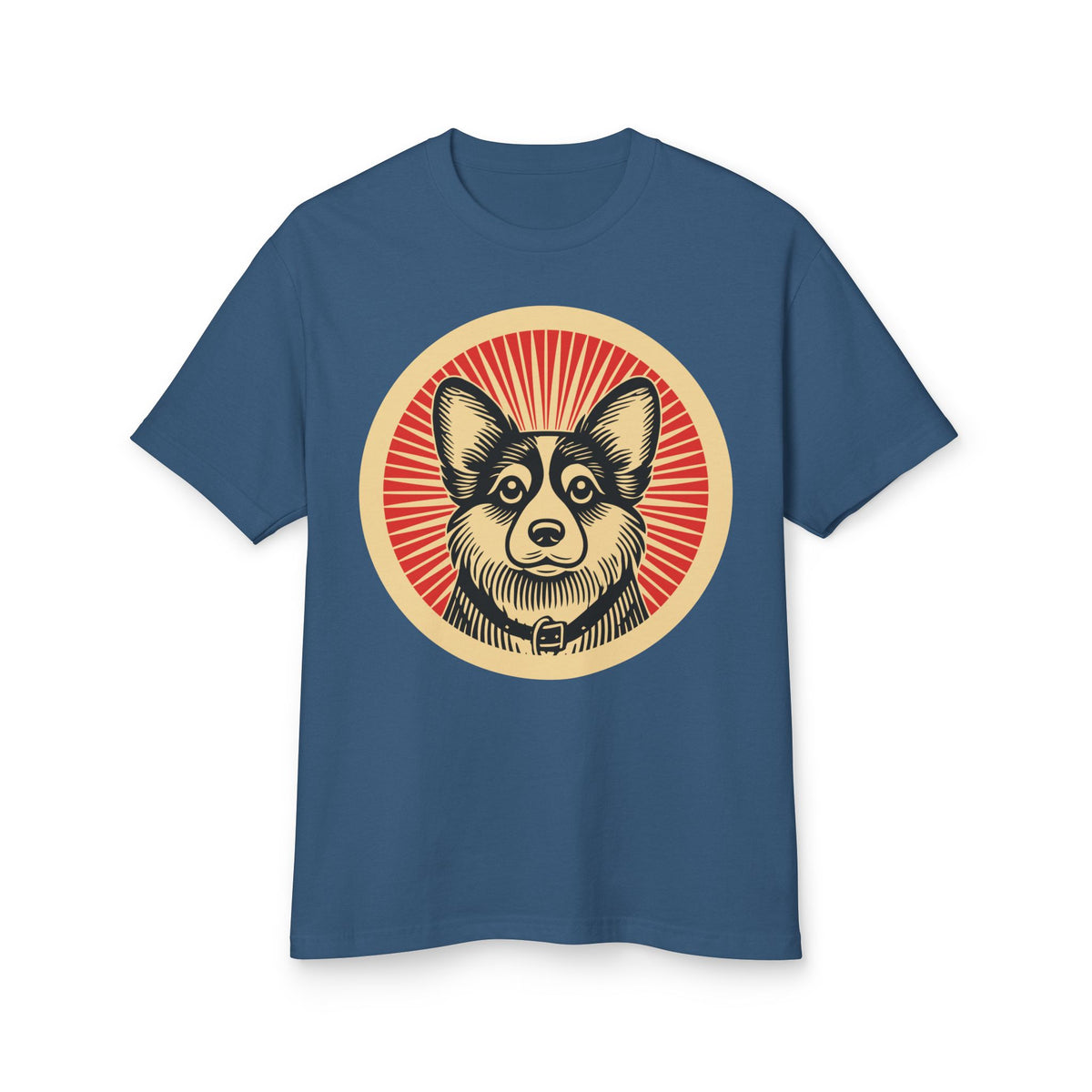 Corgipoo badge art in a ring of red rays on a heavyweight tee