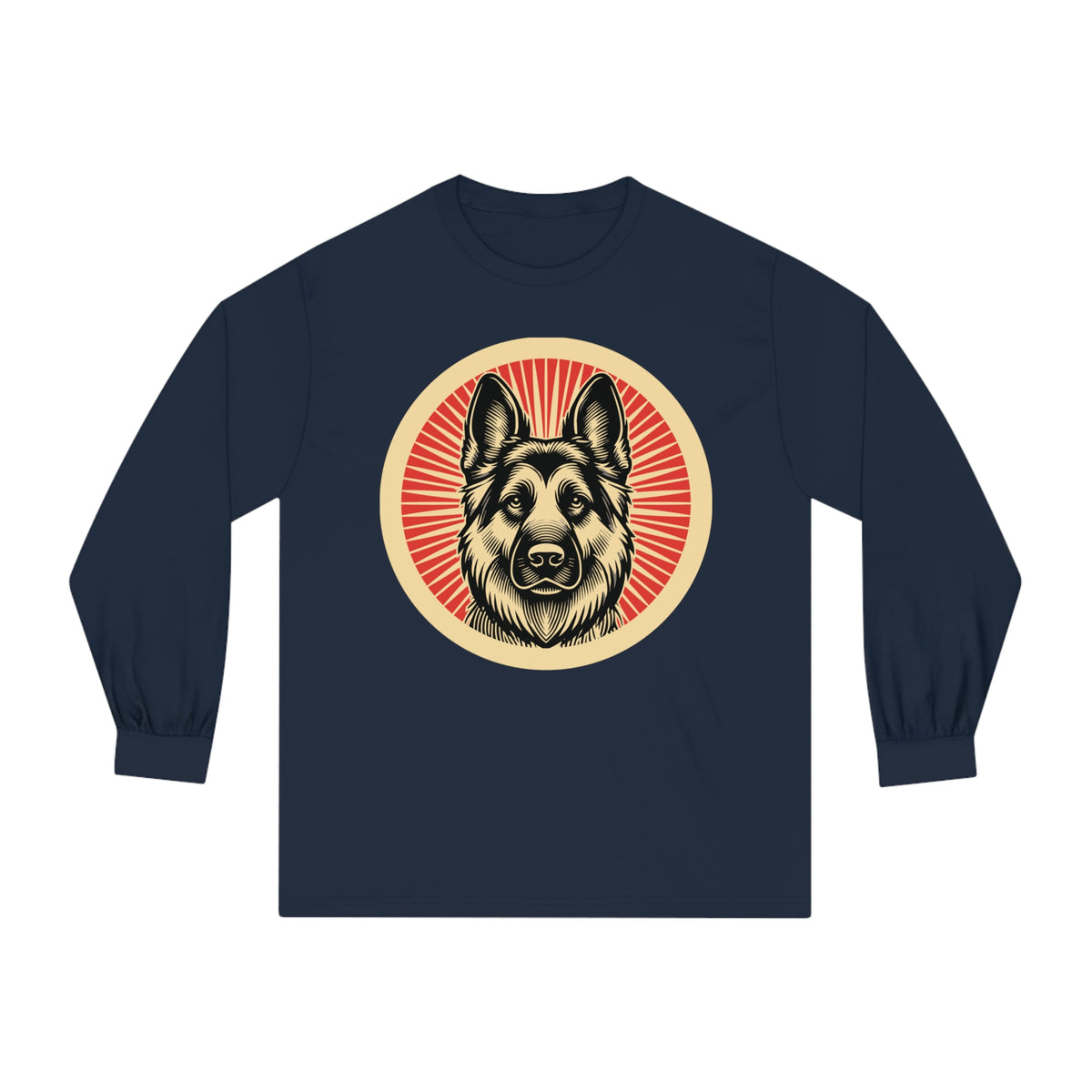 German Shepherd badge art in a ring of red rays on a long-sleeve tee