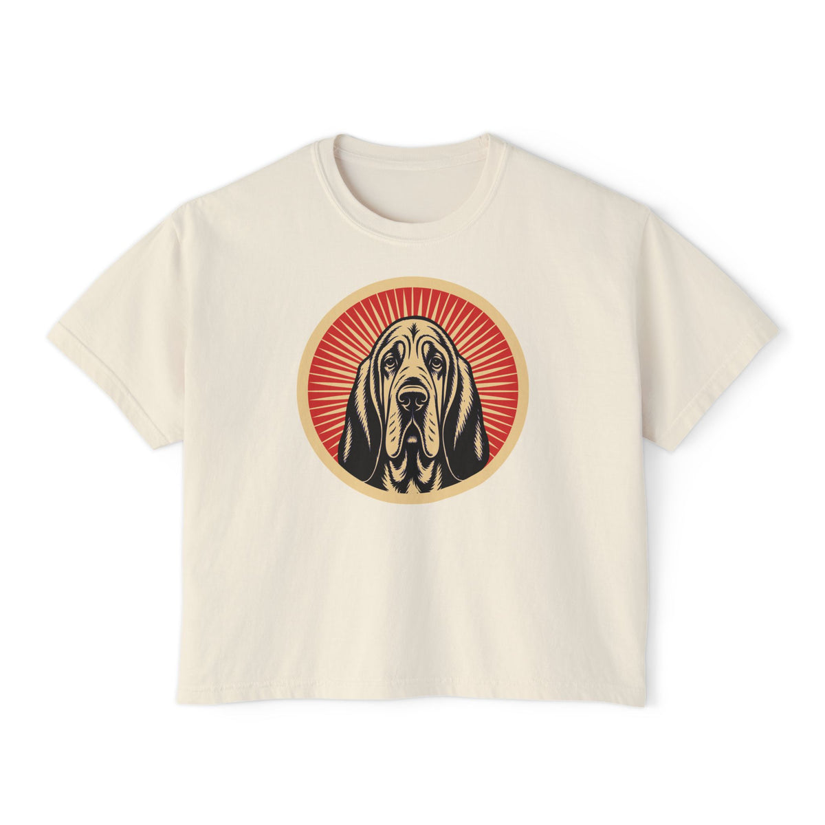 Bloodhound badge art in a ring of red rays on a boxy tee