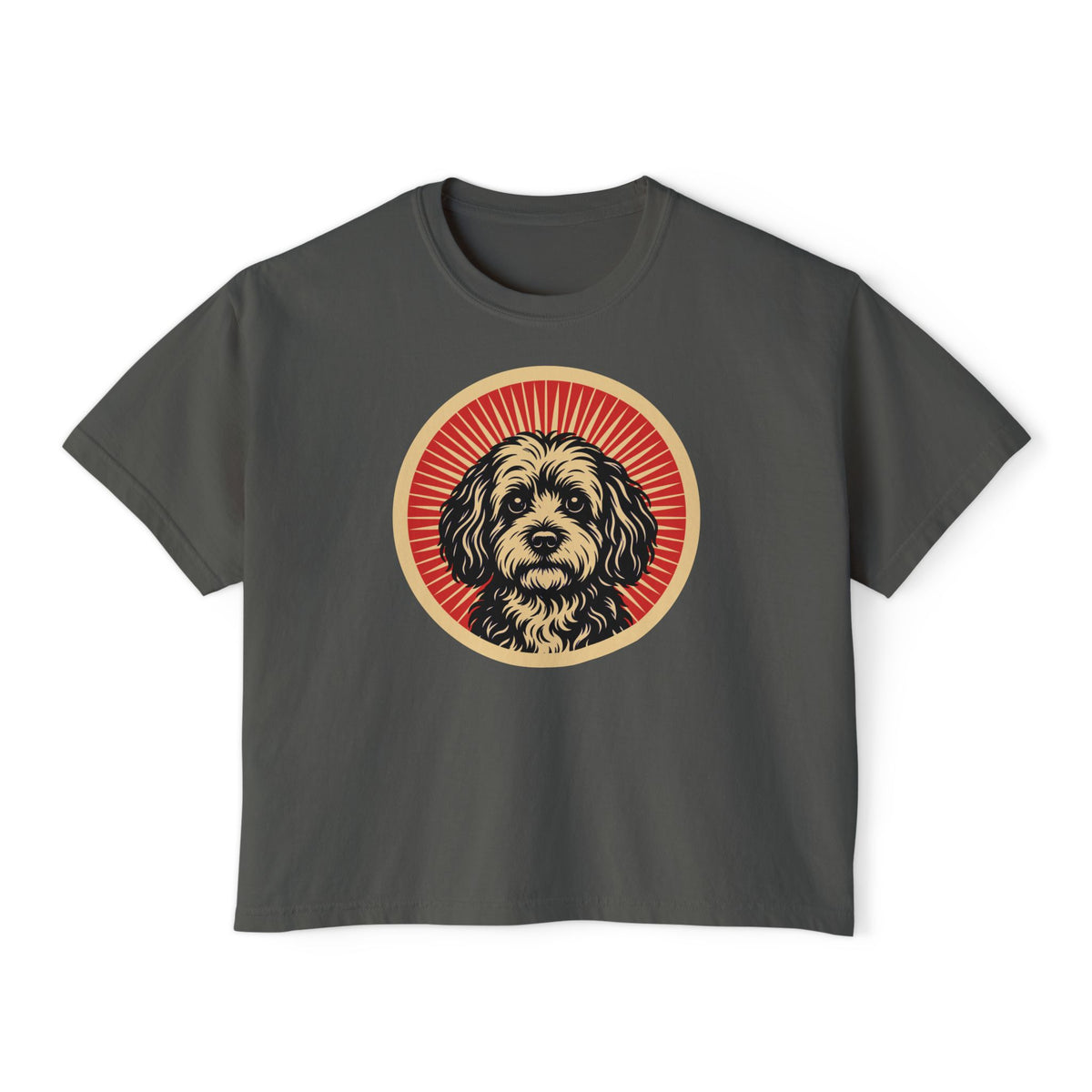 Havapoo badge art in a ring of red rays on a boxy tee