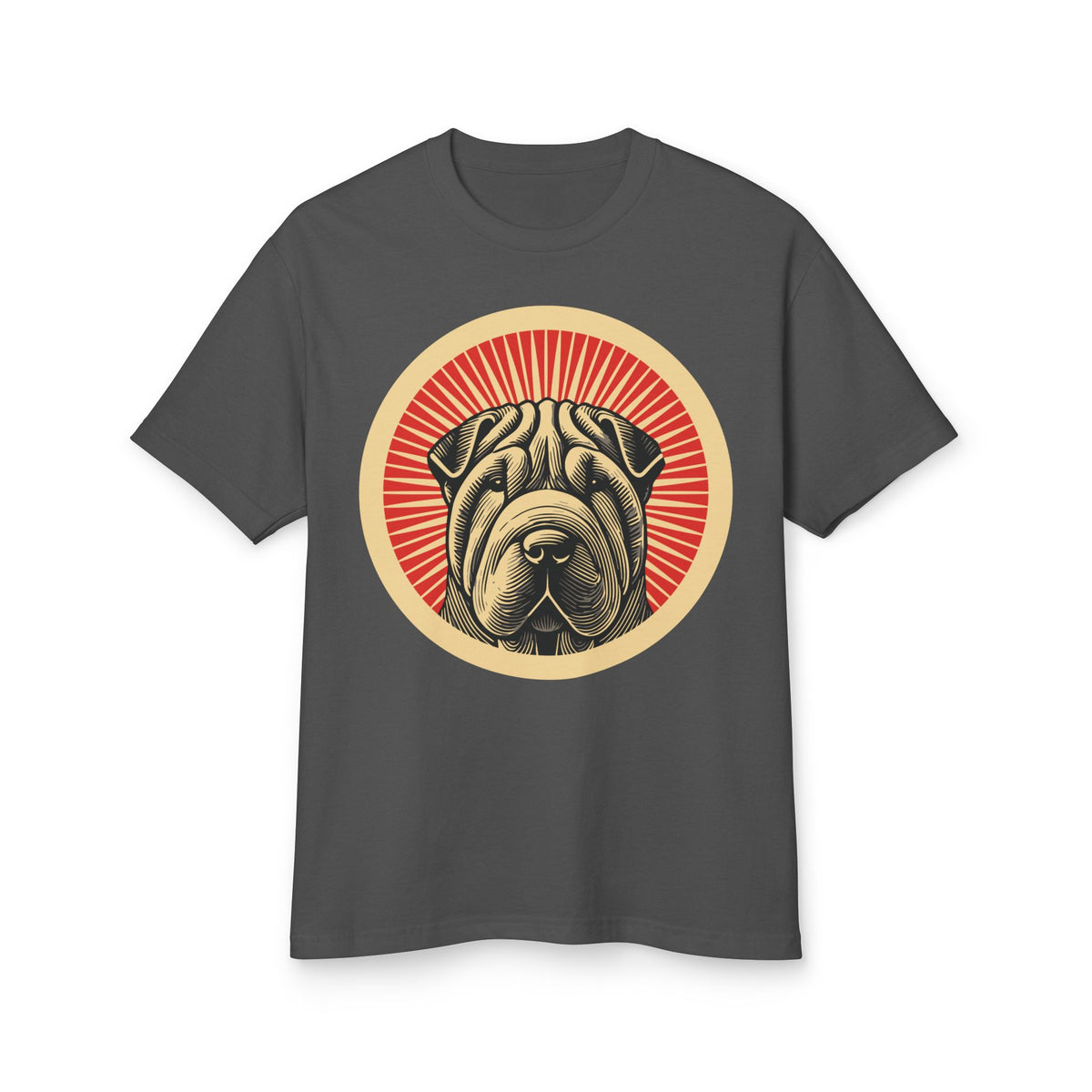 Chinese Shar-Pei badge art in a ring of red rays on a heavyweight tee