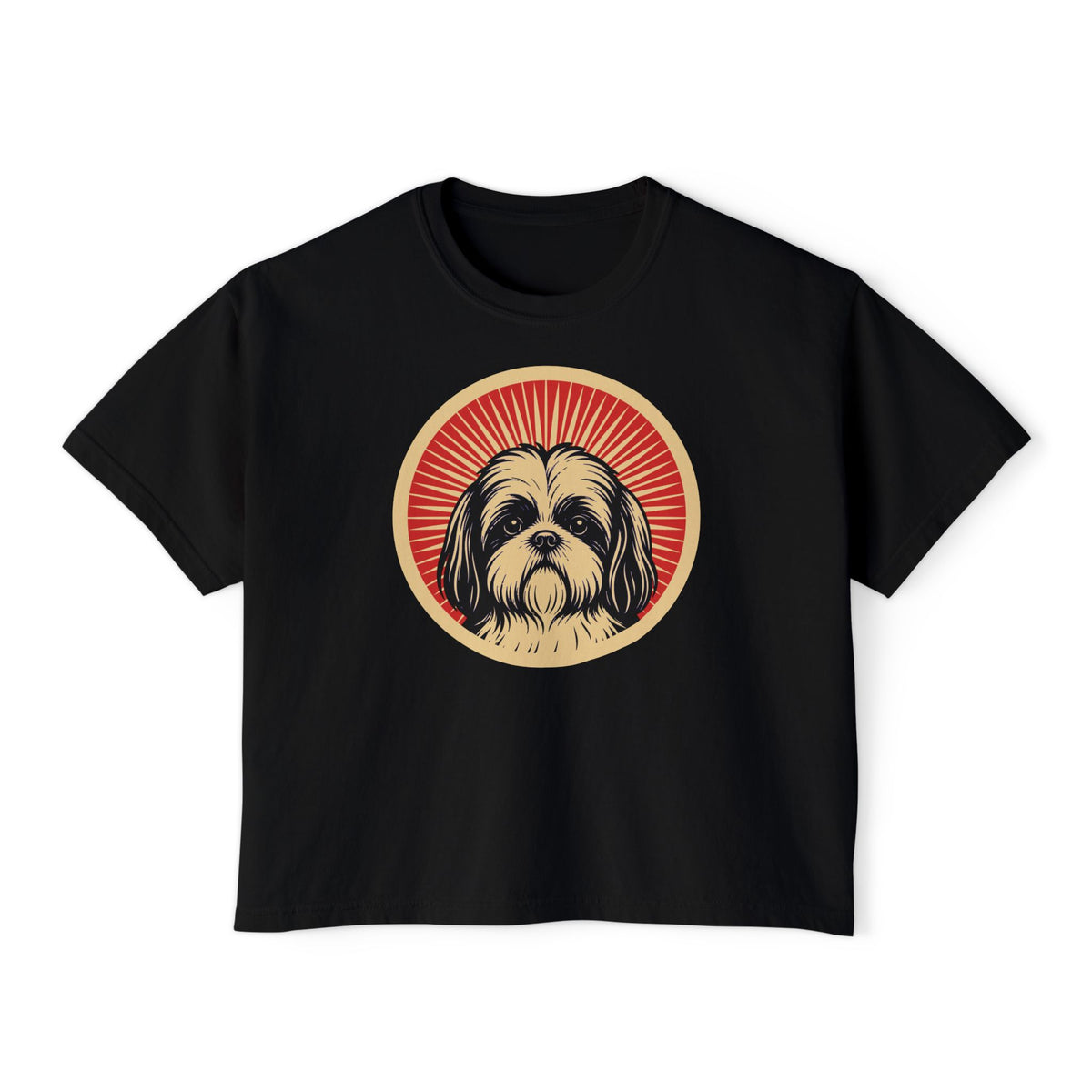 Pekepoo badge art in a ring of red rays on a boxy tee