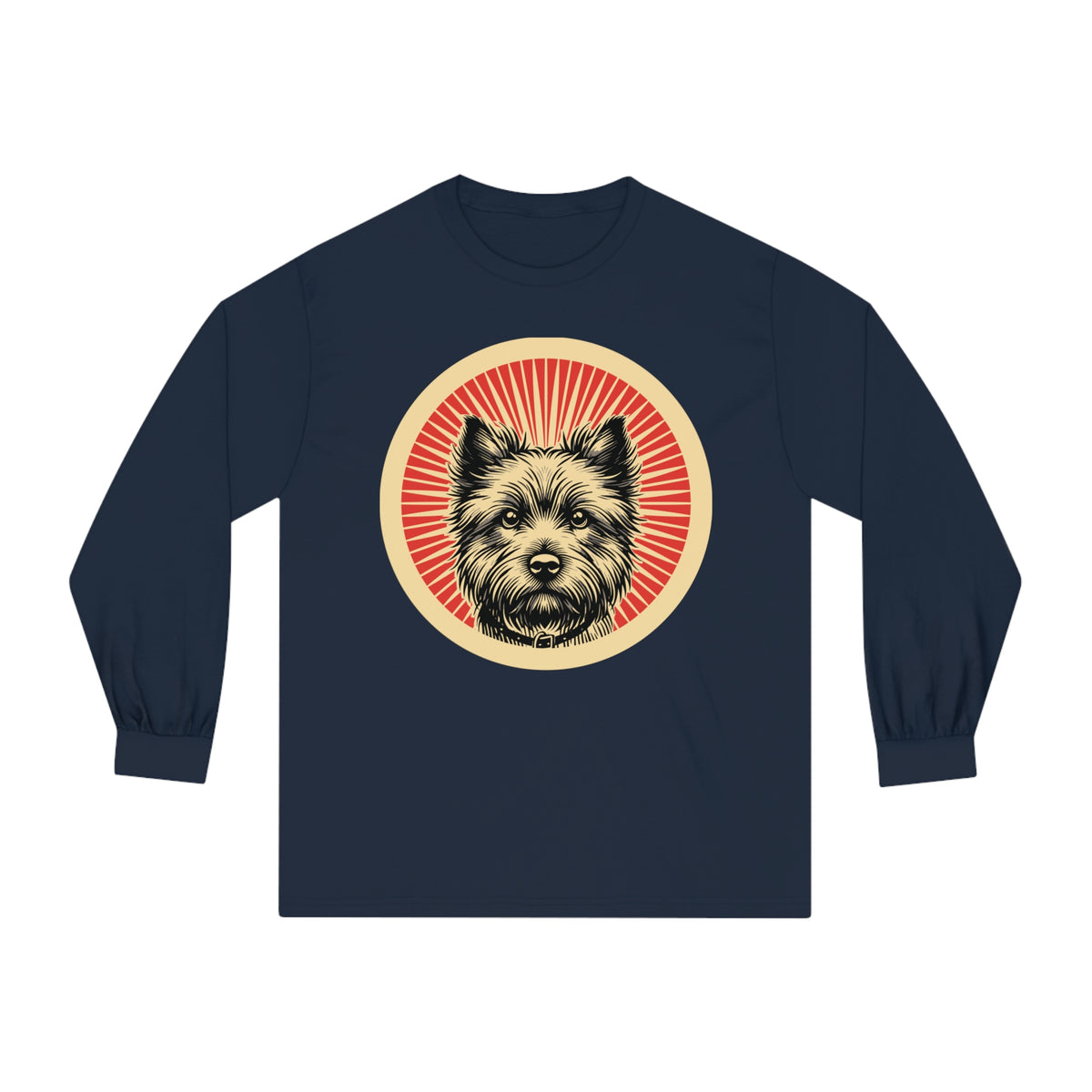 Cairn Terrier badge art in a ring of red rays on a long-sleeve tee