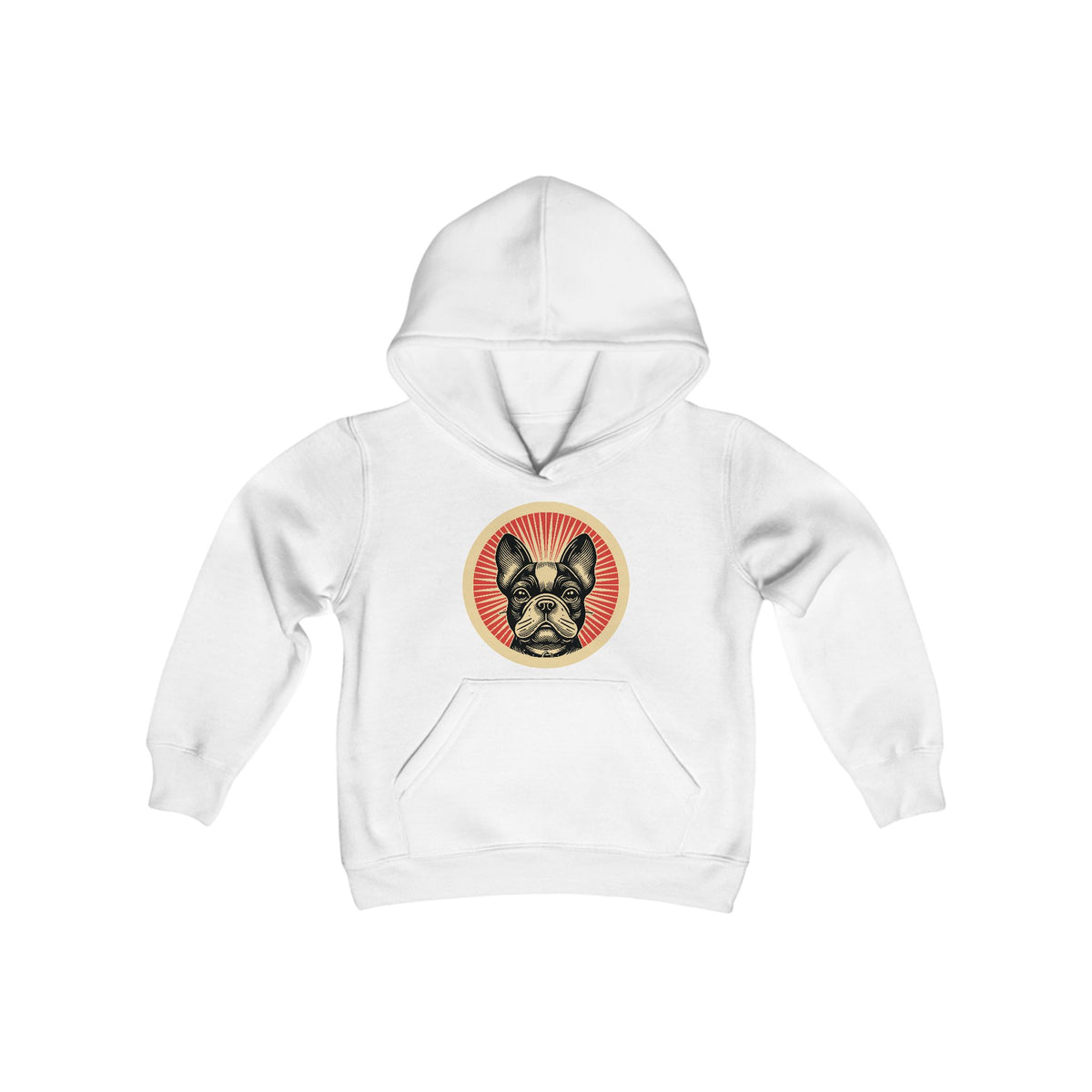 French Bulldog badge art in a ring of red rays on a kids' hoodie