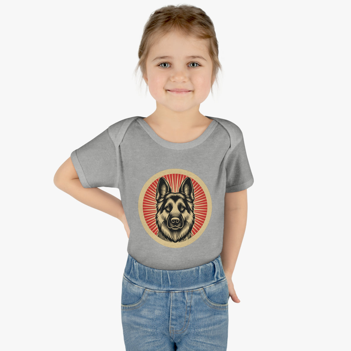 German Shepherd badge art in a ring of red rays on a baby bodysuit