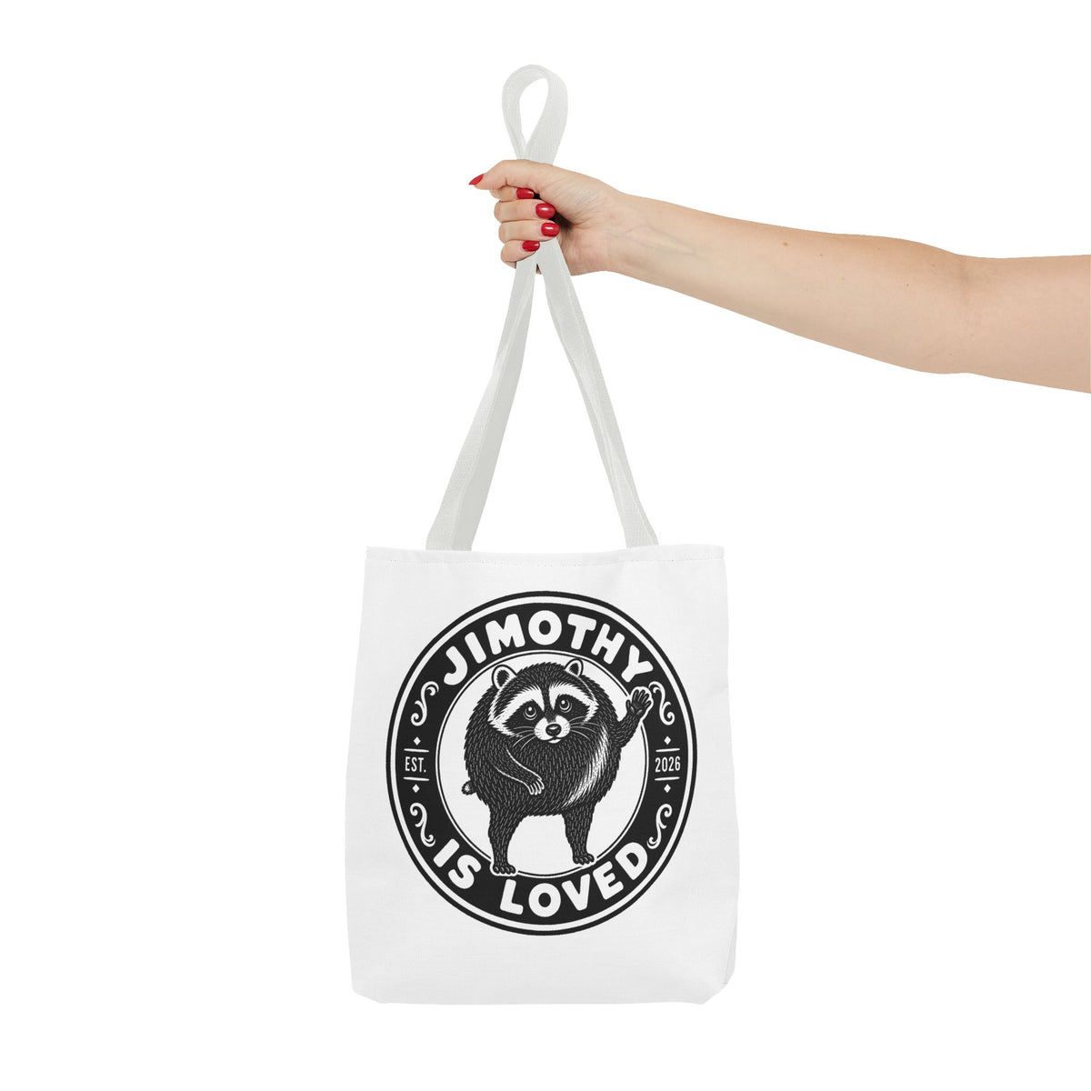 Personalized Raccoon Tote — "Jimothy Is Loved" Graphic Tote Bag