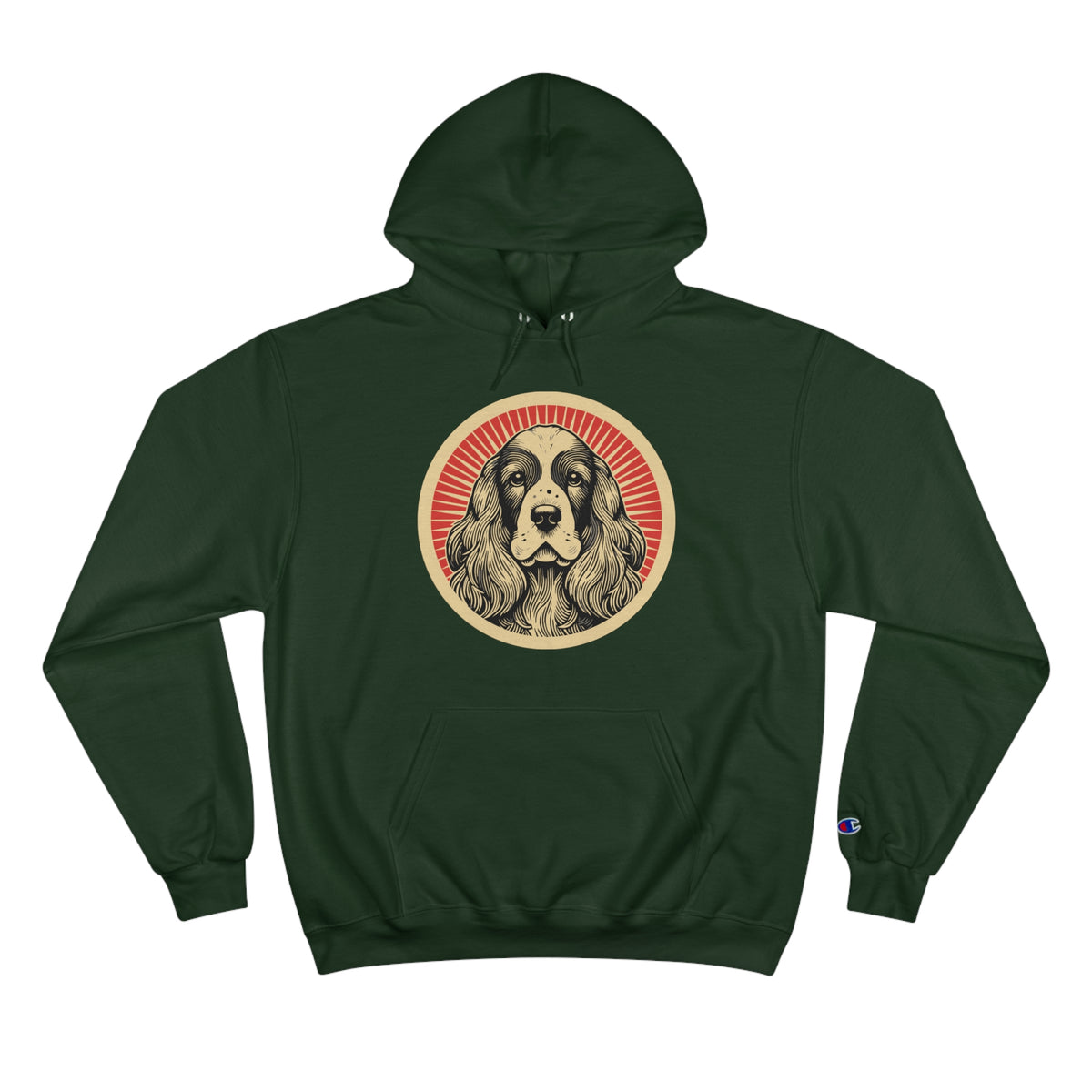 English Cocker Spaniel badge art in a ring of red rays on a champion hoodie
