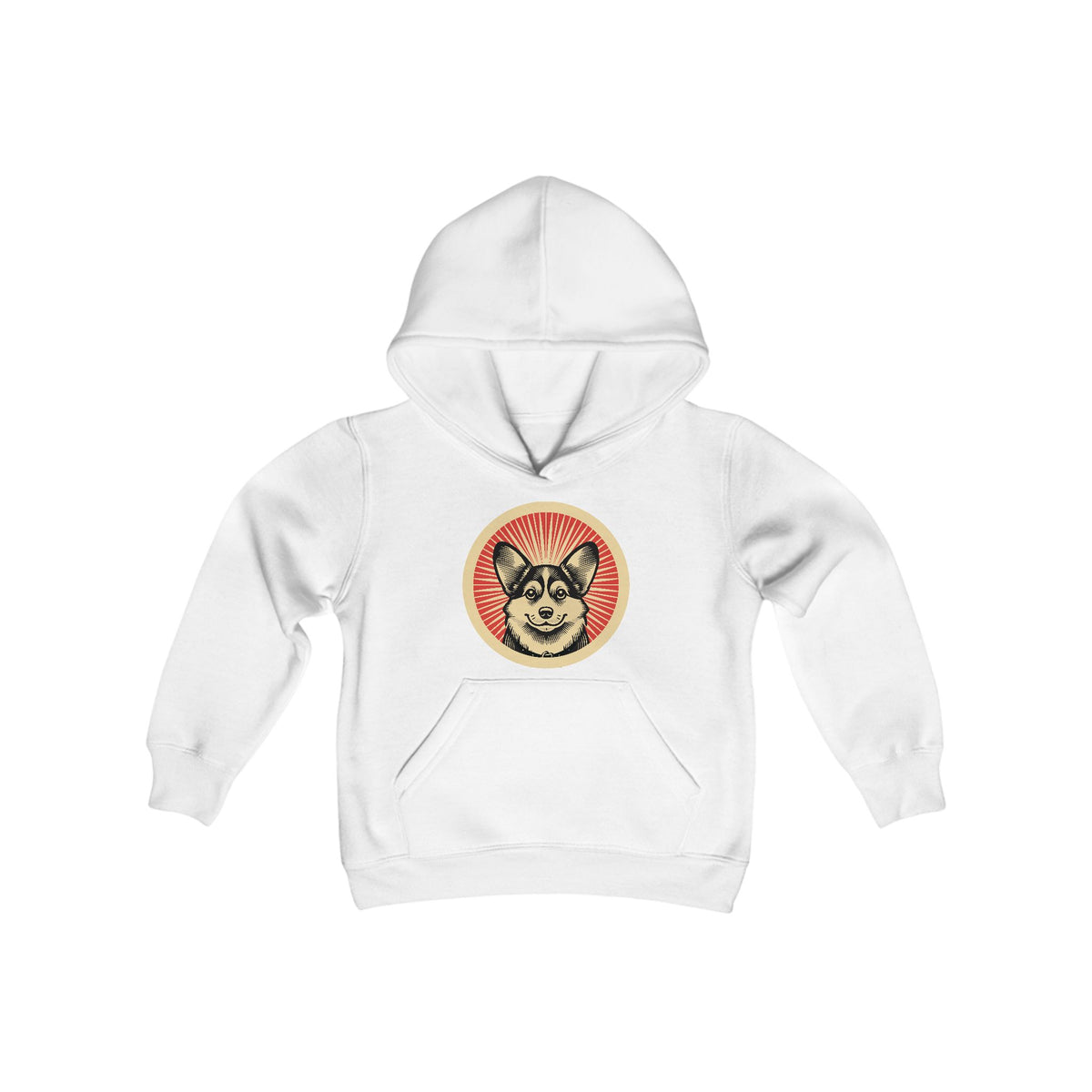Pembroke Welsh Corgi badge art in a ring of red rays on a kids' hoodie