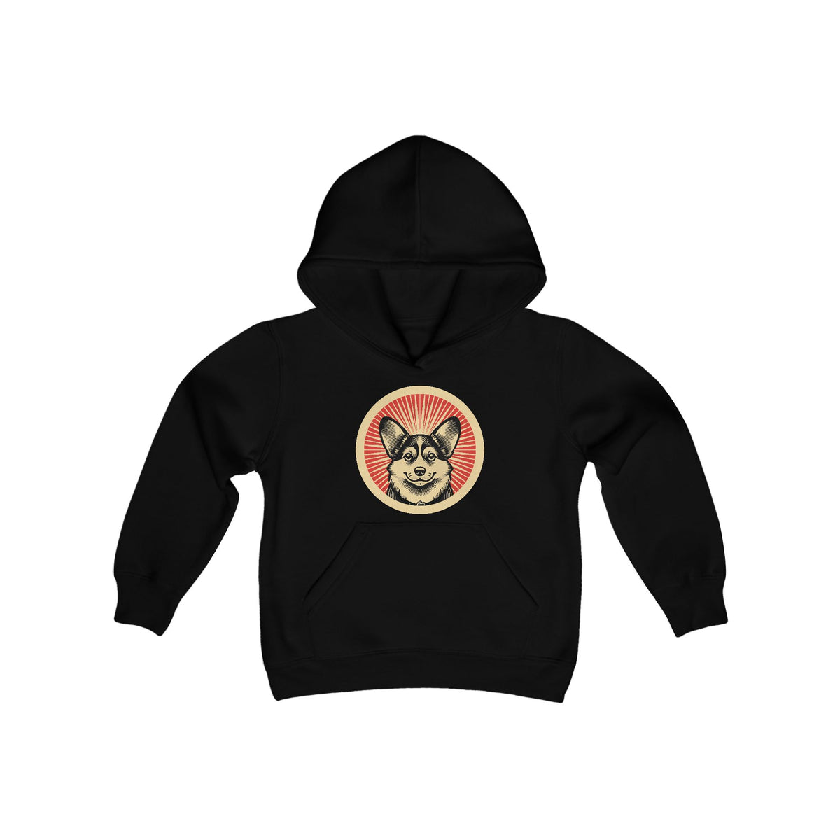 Pembroke Welsh Corgi badge art in a ring of red rays on a kids' hoodie