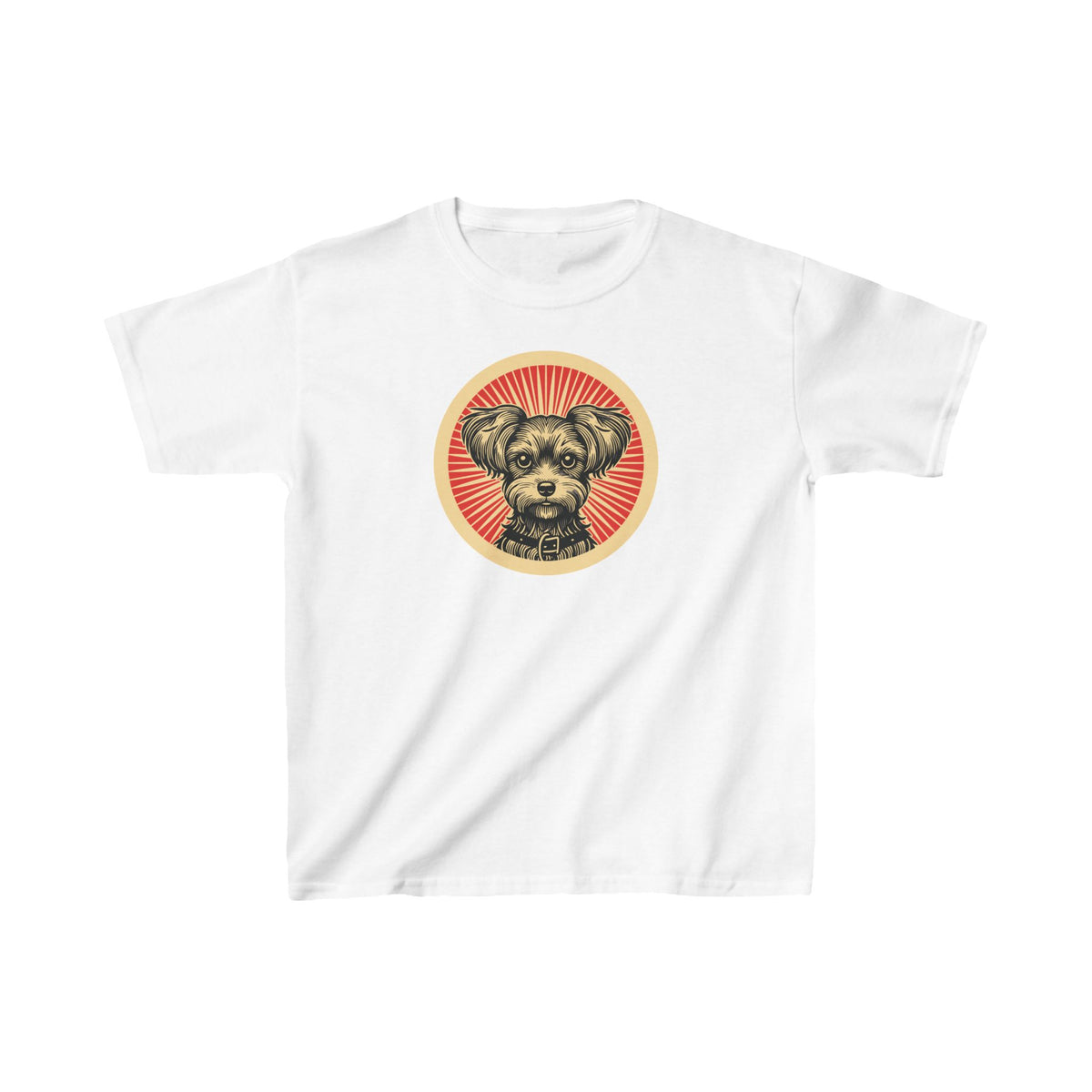 Yorkipoo badge art in a ring of red rays on a kids' tee
