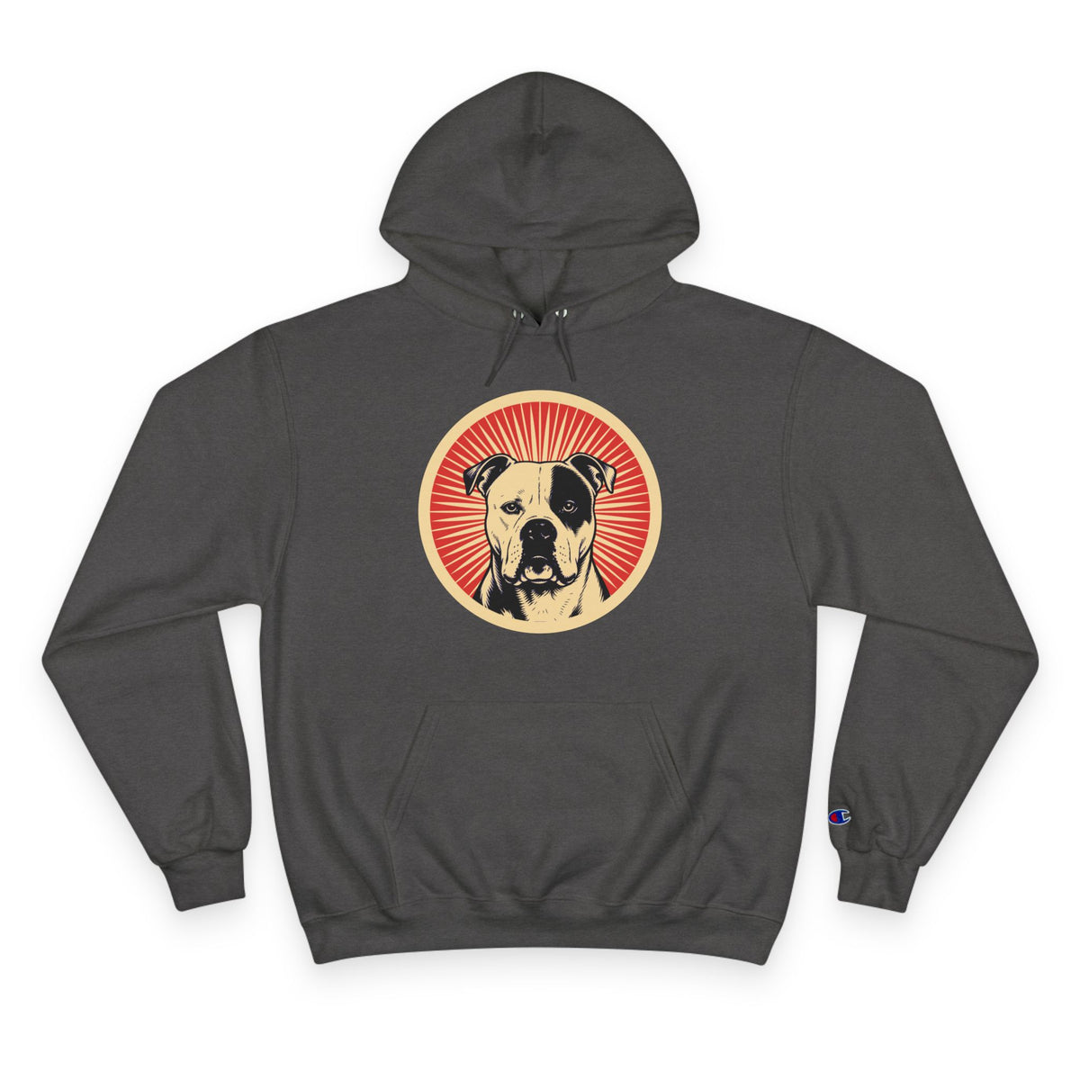 American Bulldog badge art in a ring of red rays on a champion hoodie