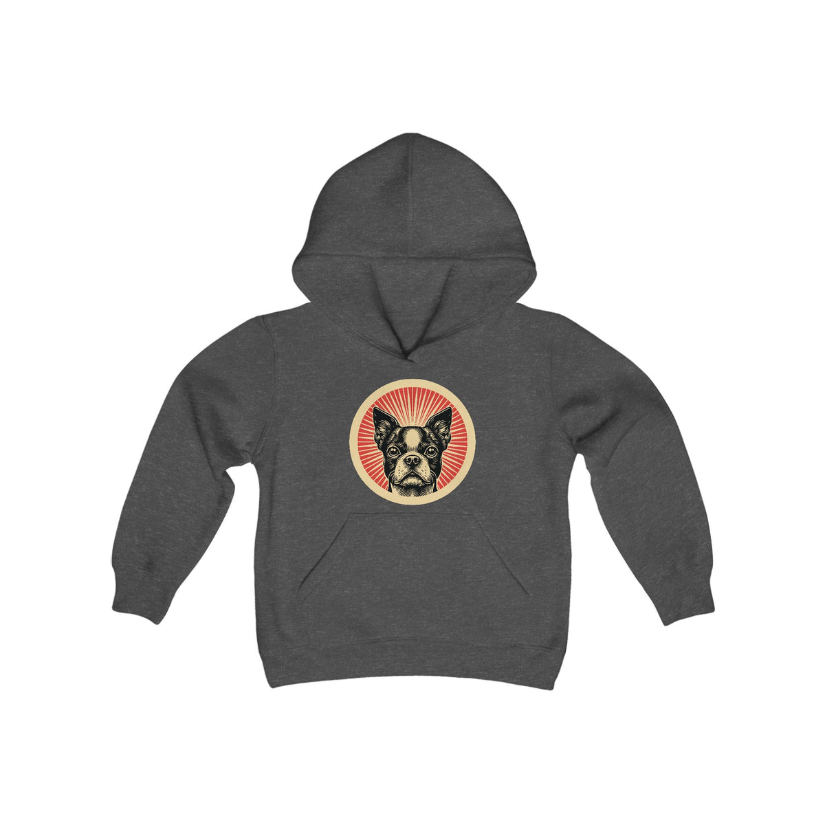 Boston Terrier badge art in a ring of red rays on a kids' hoodie