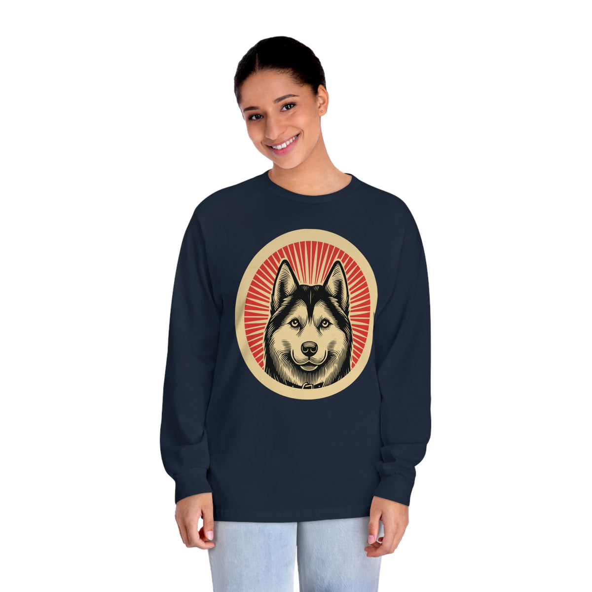 Siberian Husky badge art in a ring of red rays on a long-sleeve tee